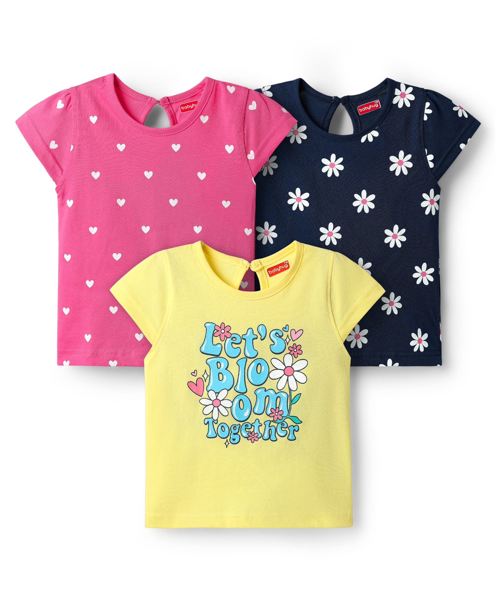 Babyhug Cotton Knit Half Sleeves T-Shirts with Heart & Floral Print Pack of 3 - Pink Yellow & Navy Blue-picture-28