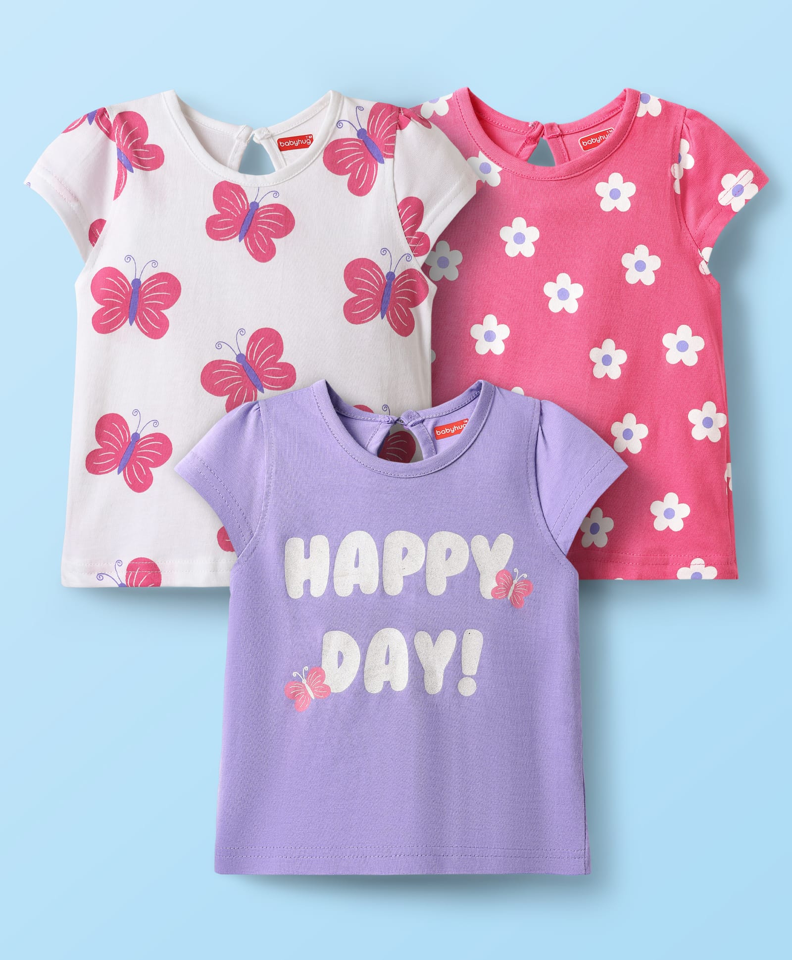 Babyhug Cotton Knit Half Sleeves T-Shirts with Butterfly & Floral Print Pack of 3 -White Lavender & Pink-image-30