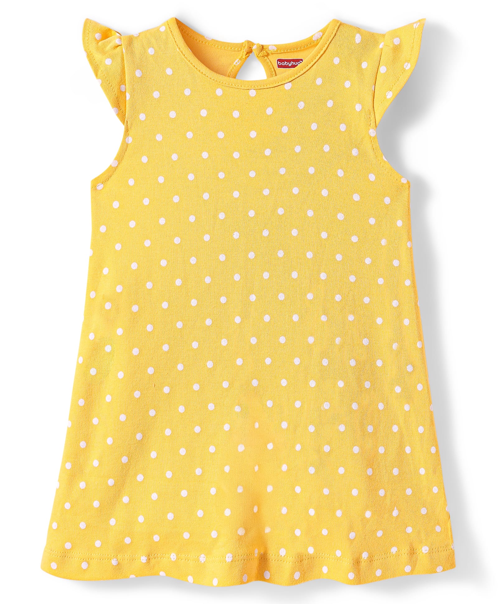 Babyhug Cotton Knit Frill Sleeves Nighty with Polka Dots Print - Yellow-image-7
