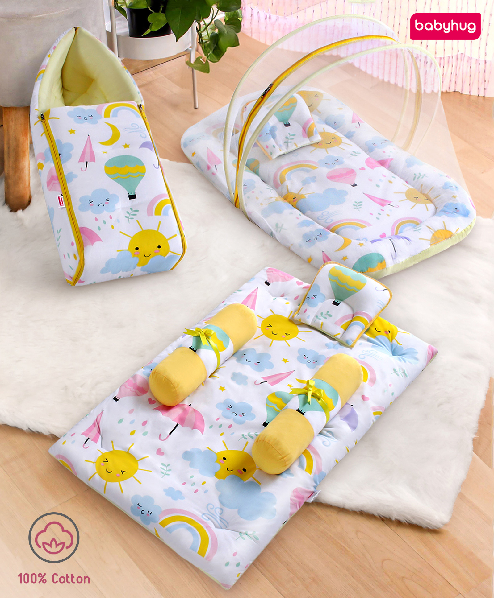 Babyhug Premium Bedding Set with Sunny Day Print Pack of 3 - White &Yellow