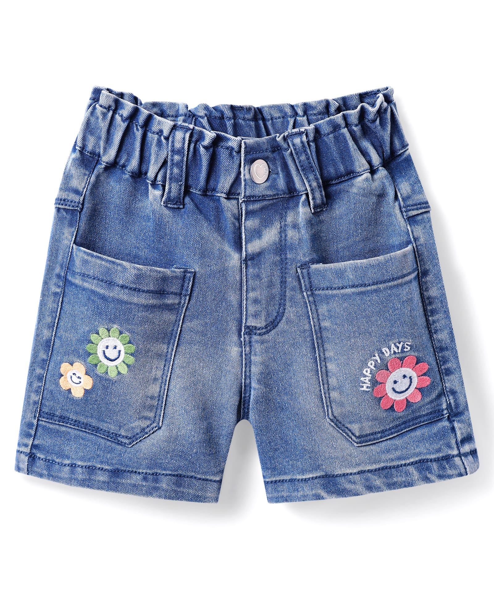 Babyhug Denim Knit Mid Thigh Washed Shorts with With Stretch & Floral Embroidery - Blue-image-42