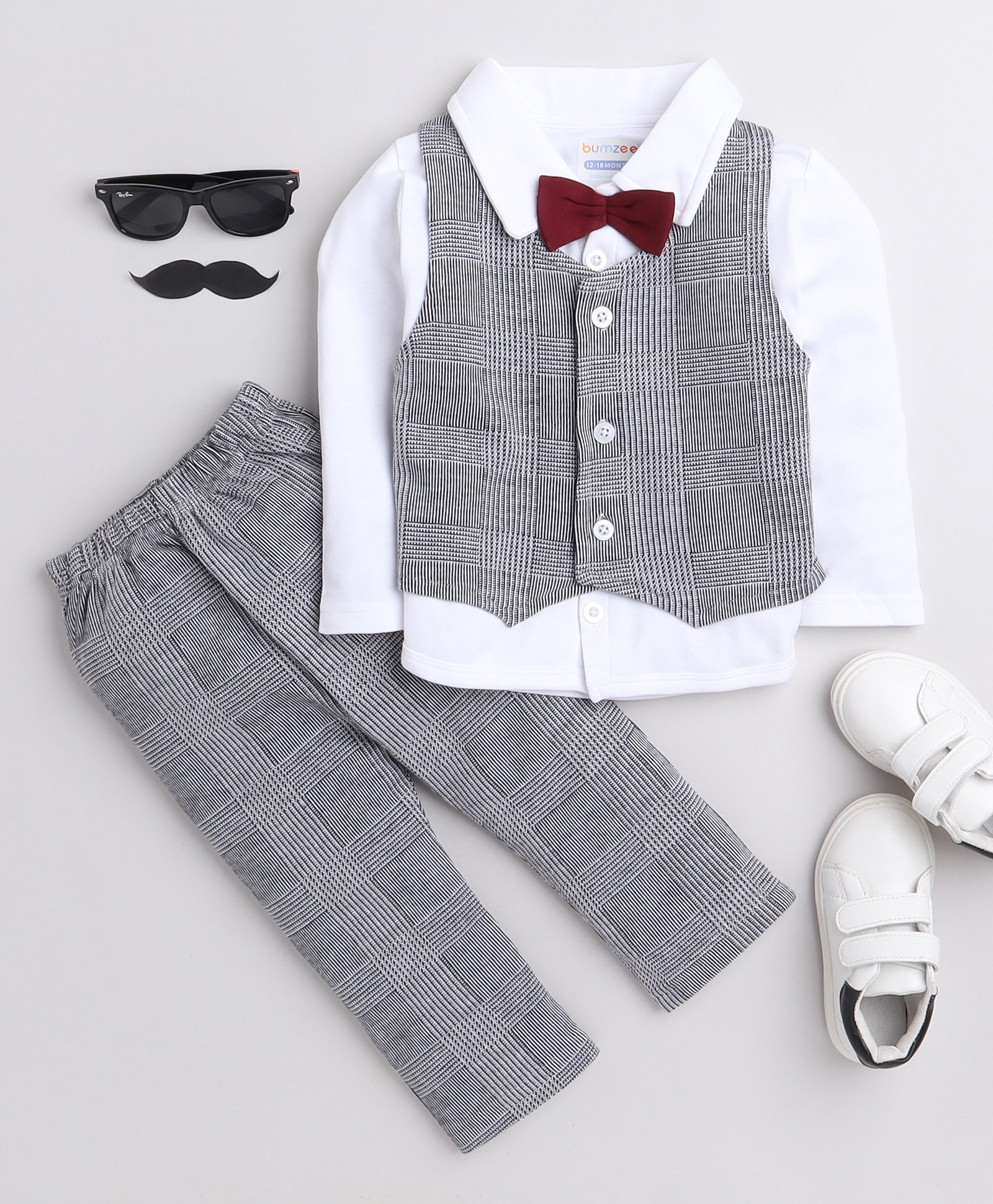 BUMZEE Interlock Knit Full Sleeves Checks 3 Piece Party Suit with Bow Attached - Grey & White-picture-10