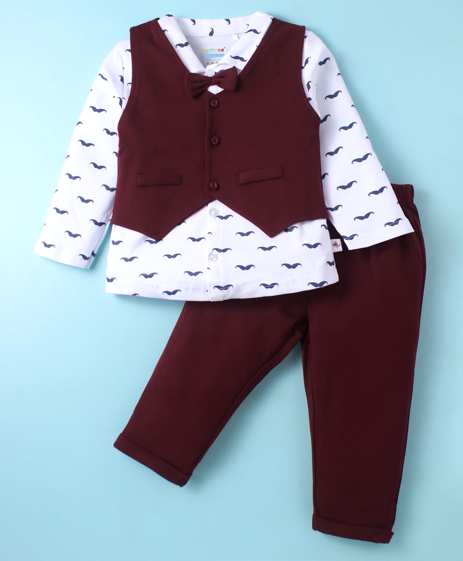 BUMZEE Interlock Knit Full Sleeves 3 Piece Party Suit with Moustache Print with Bow Attached - Maroon & White-picture-15