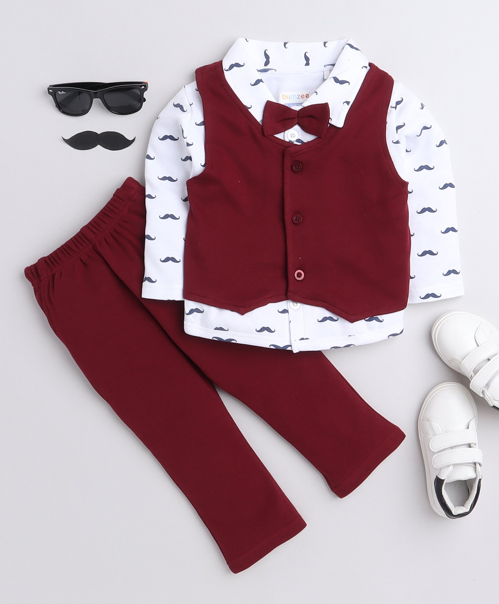 BUMZEE Interlock Knit Full Sleeves 3 Piece Party Suit with Moustache Print with Bow Attached - Maroon & White-picture-20