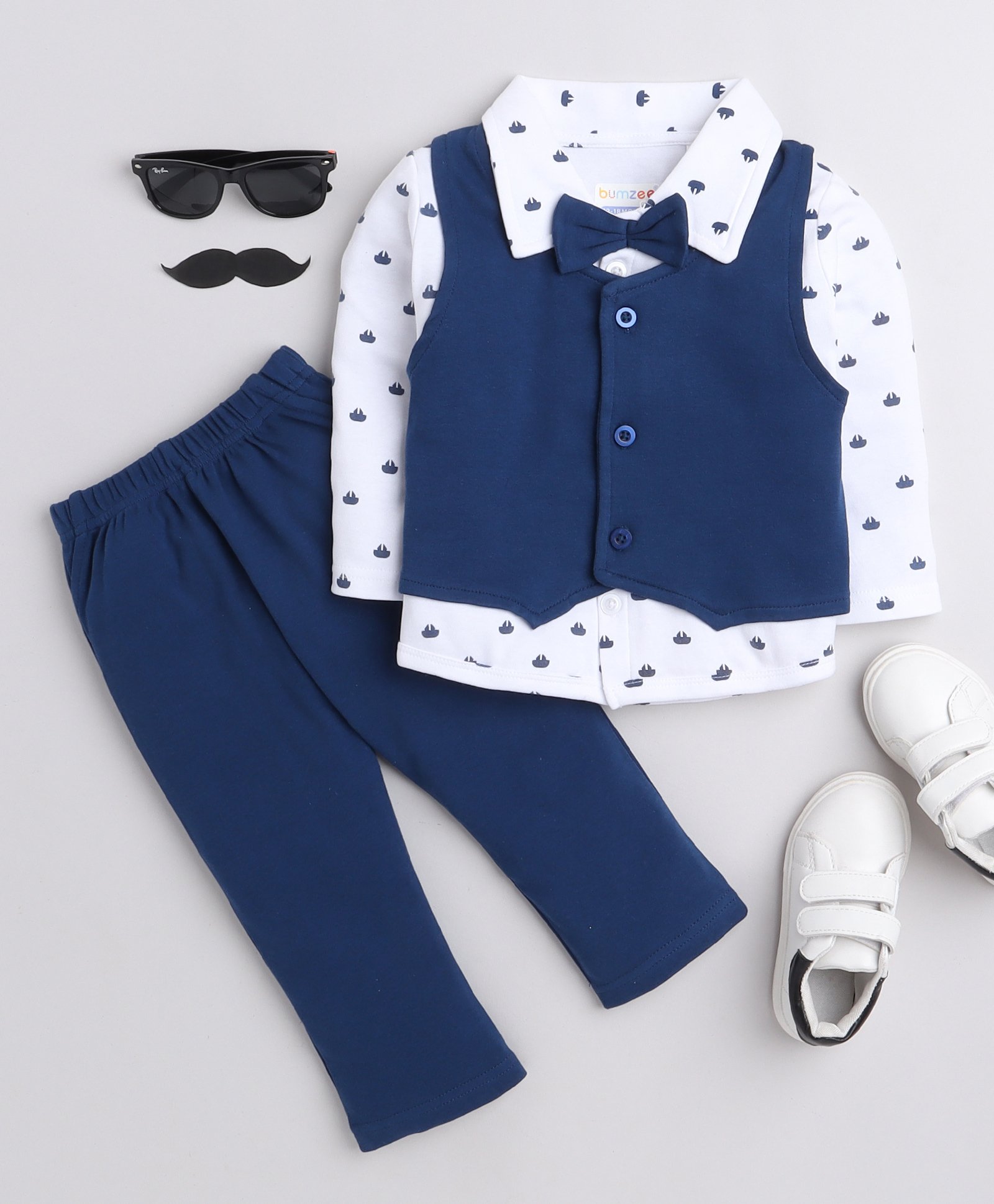BUMZEE Interlock Knit Full Sleeves Boat Print 3 Piece Party Suit with Bow Attached - Navy Blue & White-picture-17