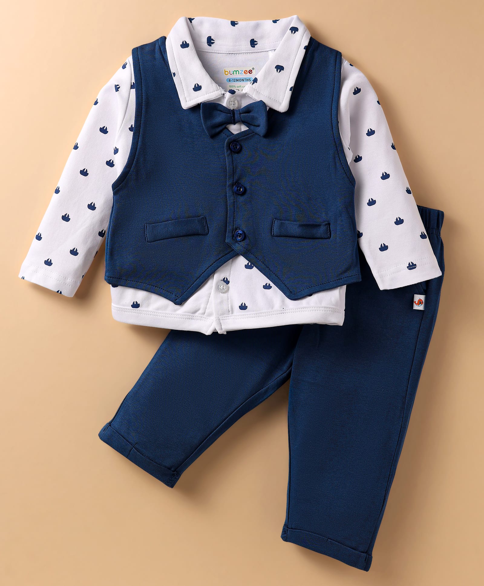 BUMZEE Interlock Knit Full Sleeves Boat Print 3 Piece Party Suit with Bow Attached - Navy Blue & White-picture-21