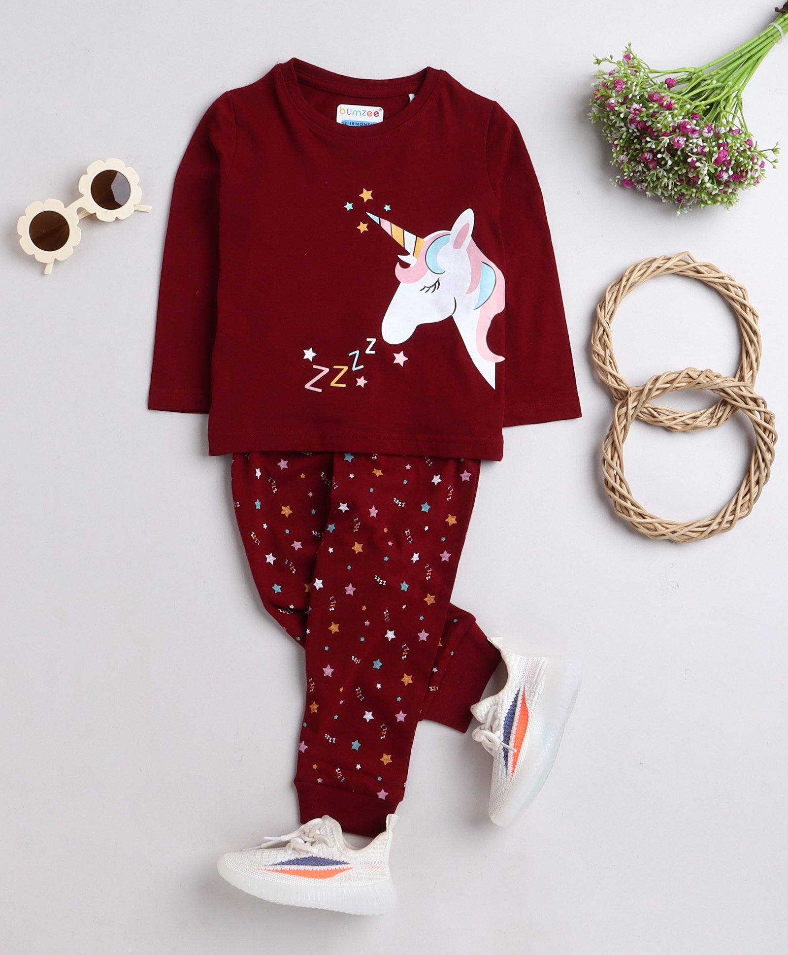 BUMZEE Cotton Knit Full Sleeves Unicorn Printed Night Suit - Maroon-image-6