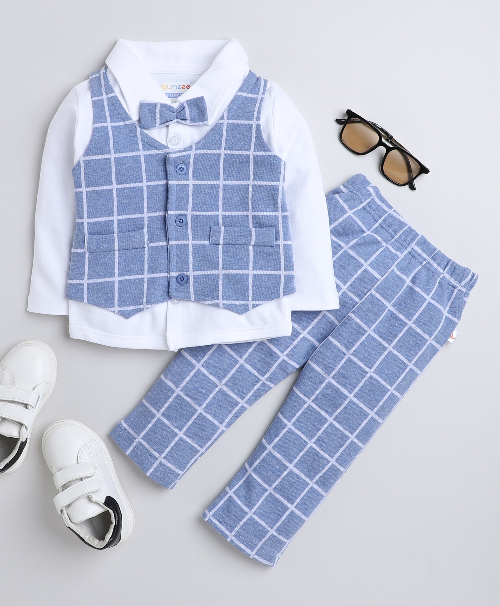 BUMZEE Interlock Knit Full Sleeves Checks 3 Piece Party Suit with Bow Attached- Sky Blue & White-picture-12