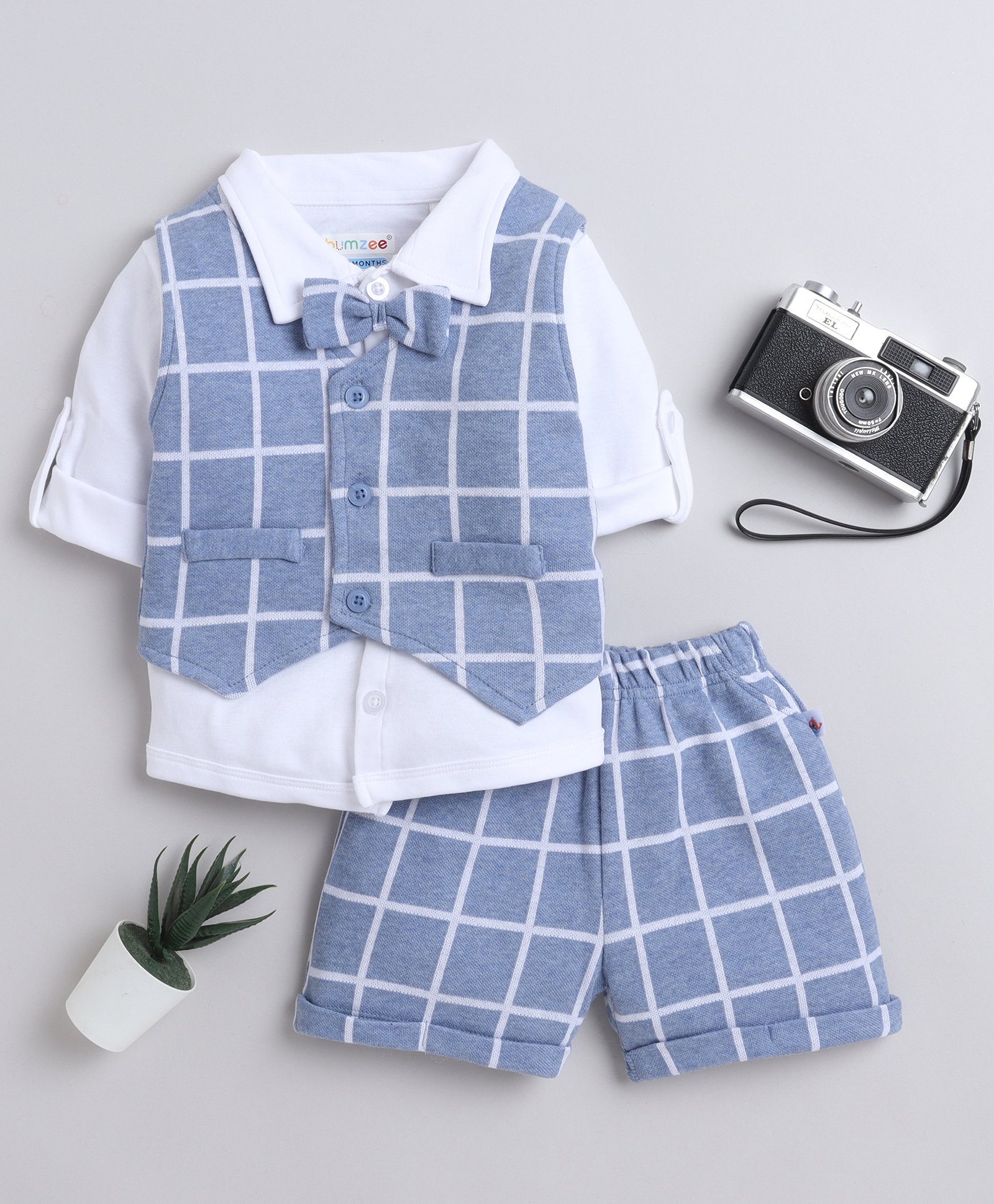 BUMZEE Interlock Knit Full Sleeves 3 Piece Checks Party Suit With Attached Bow - Light Blue & White-image-30