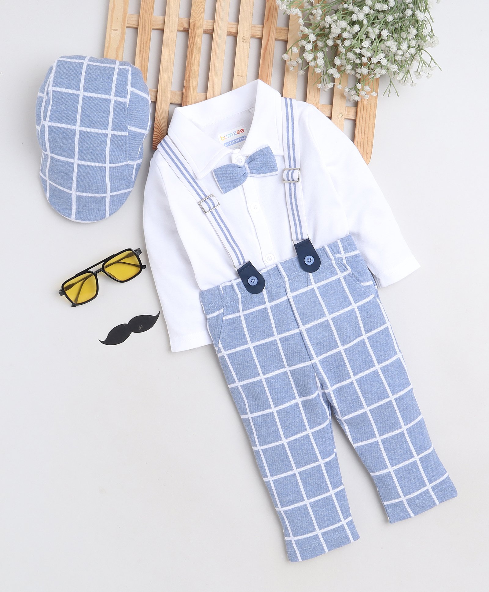 BUMZEE Interlock Knit Full SleevesShirt with Attached Bow & Pant Set With Suspender Cap with Checks - Light Blue & White-picture-29