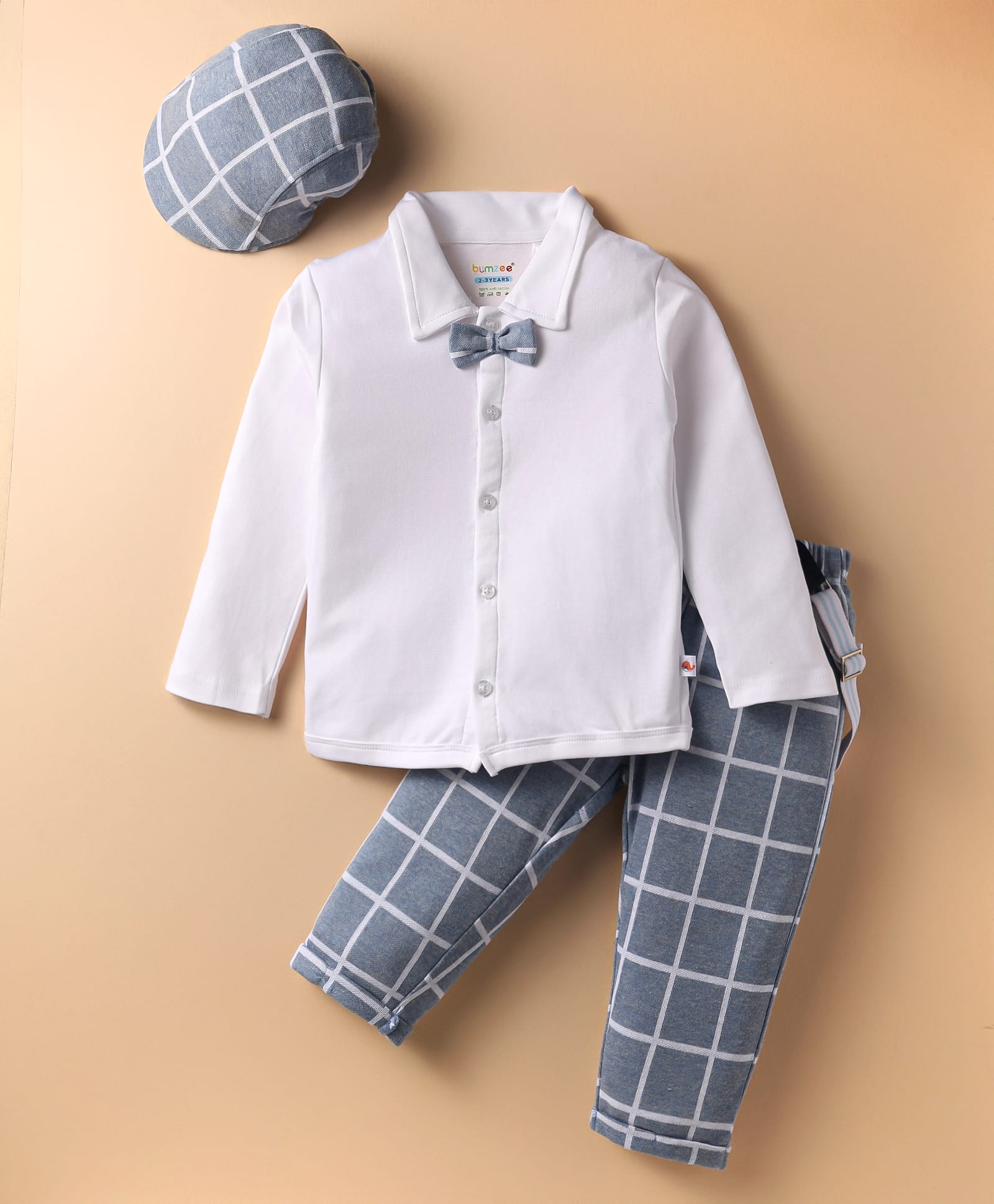 BUMZEE Full Sleeves Solid & Checked Shirt PantWith Suspender Cap - Sky Blue & White - 2-3Y - Cotton - (2 to 3 Years)-image-36