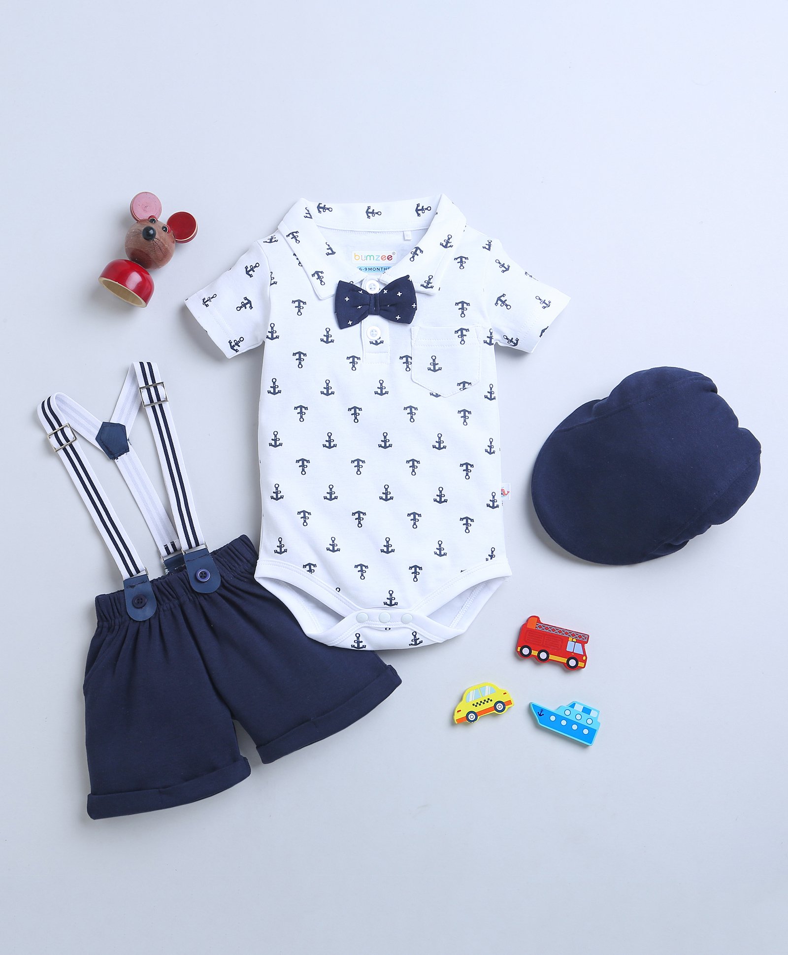 BUMZEE Interlock Knit Half Sleeves Anchor Printed Onesie & Shorts With Bow Applique Hat & Suspender - White & Navy Blue-image-12