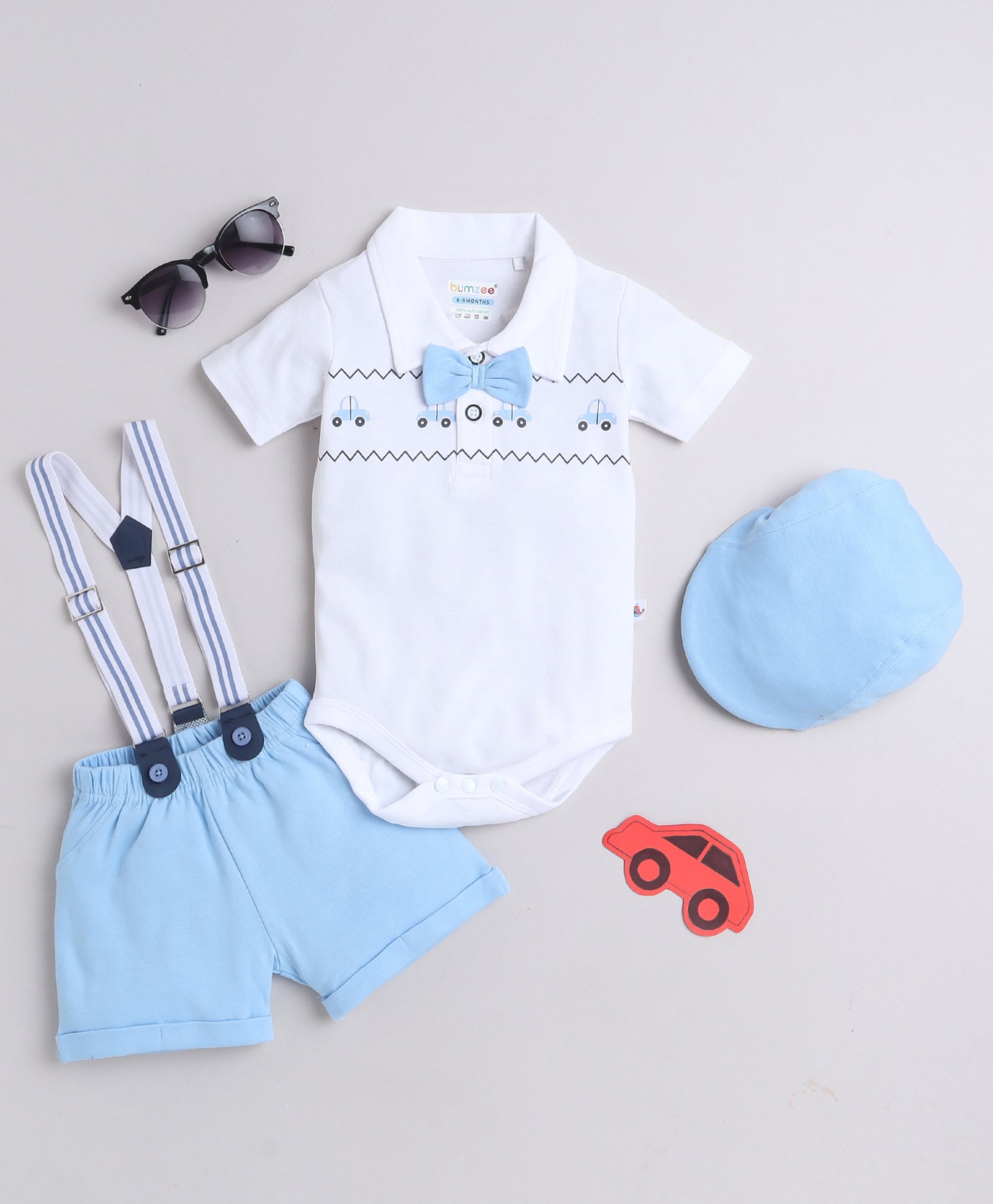 BUMZEE Cotton Woven Half Sleeves Car Printed Onesie With Shorts Cap & Suspender - Sky Blue & White-image-15