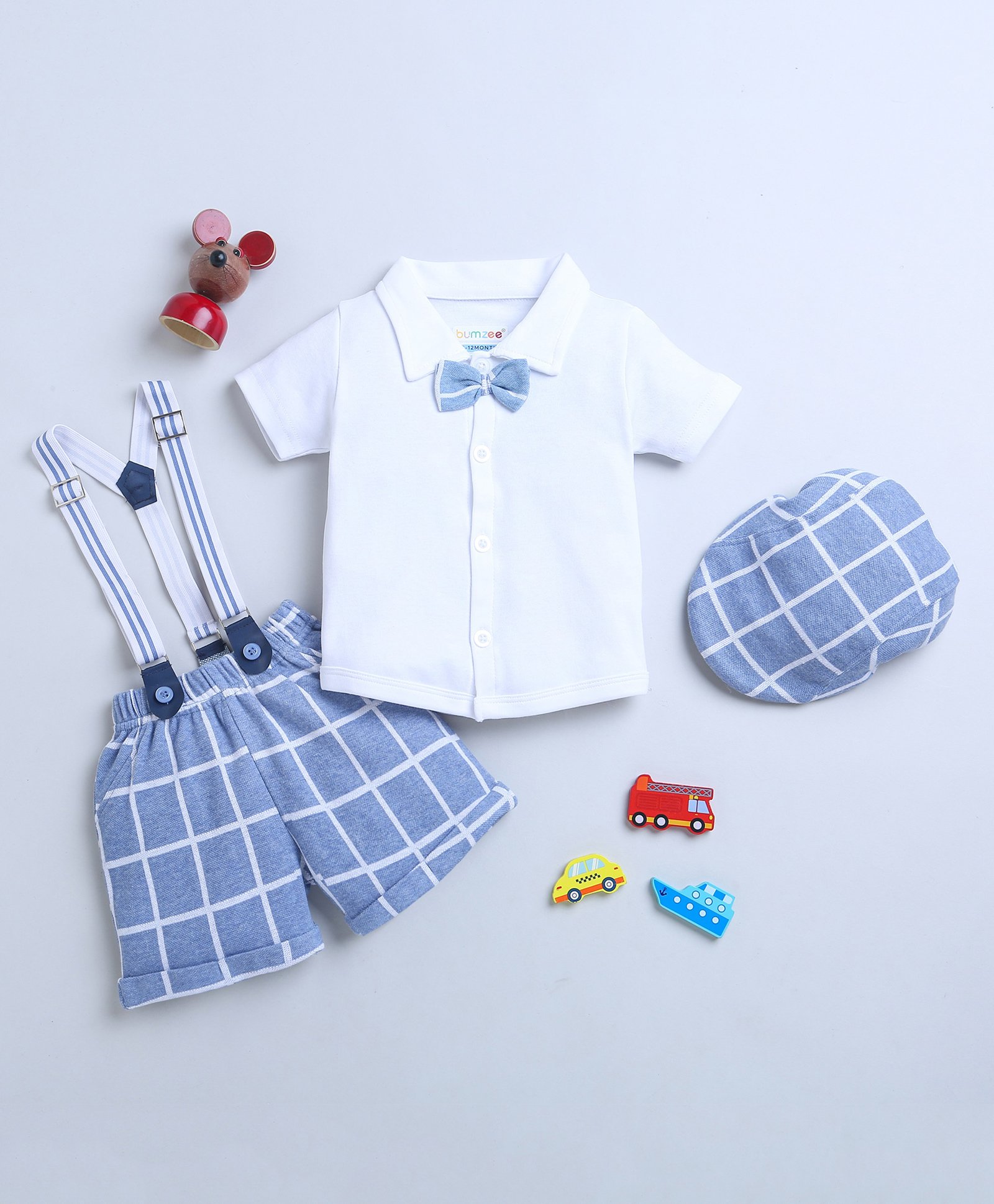 BUMZEE Interlock Kit Half Sleeves Shirt & Checkered Shorts Set with Bow Suspended & Hat - Light Blue & White-image-31