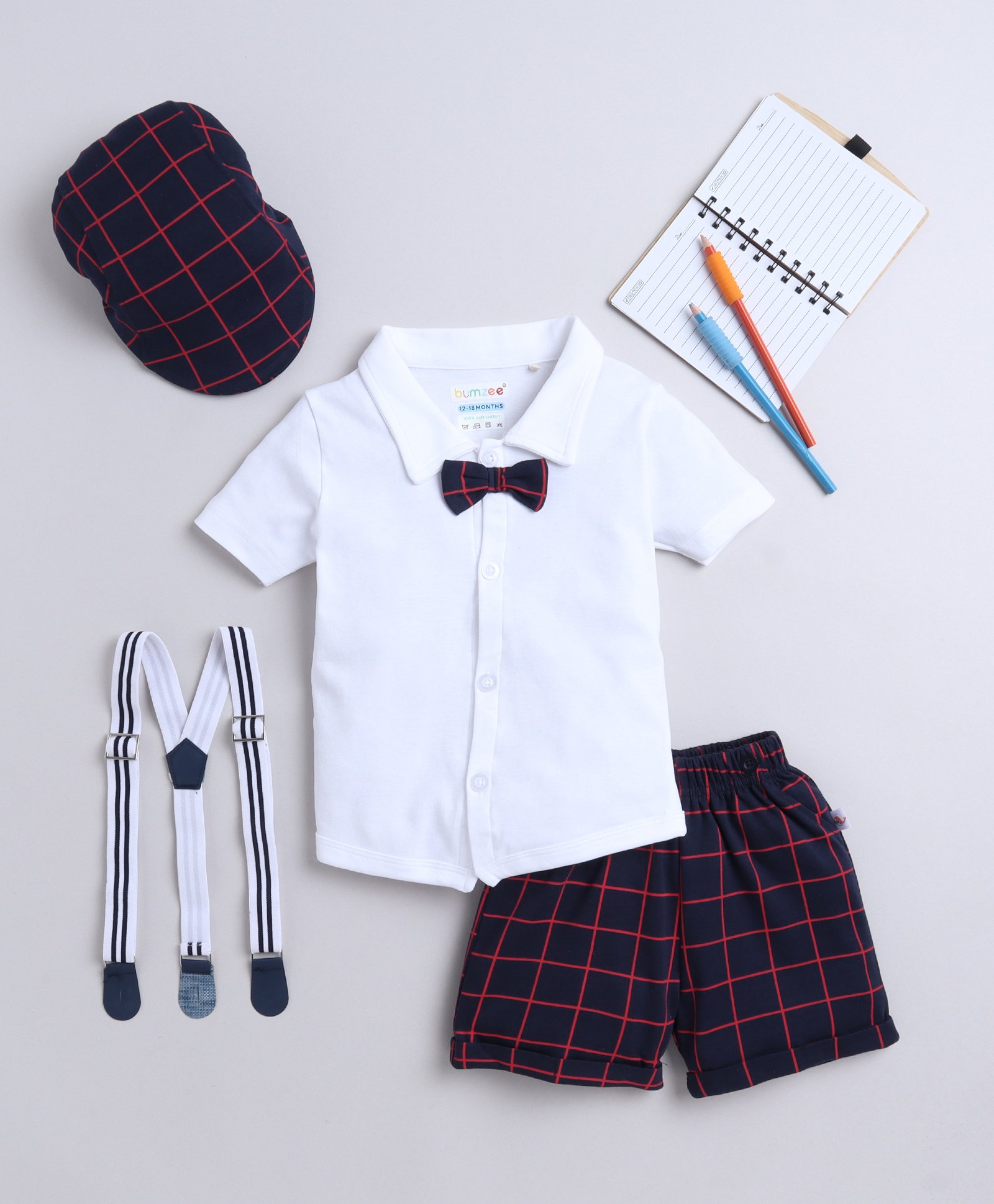 BUMZEE Cotton Woven Half Sleeves Solid Shirt & Checkered Shorts Set With Bow Applique Suspender & Cap - Navy Blue & White-image-13
