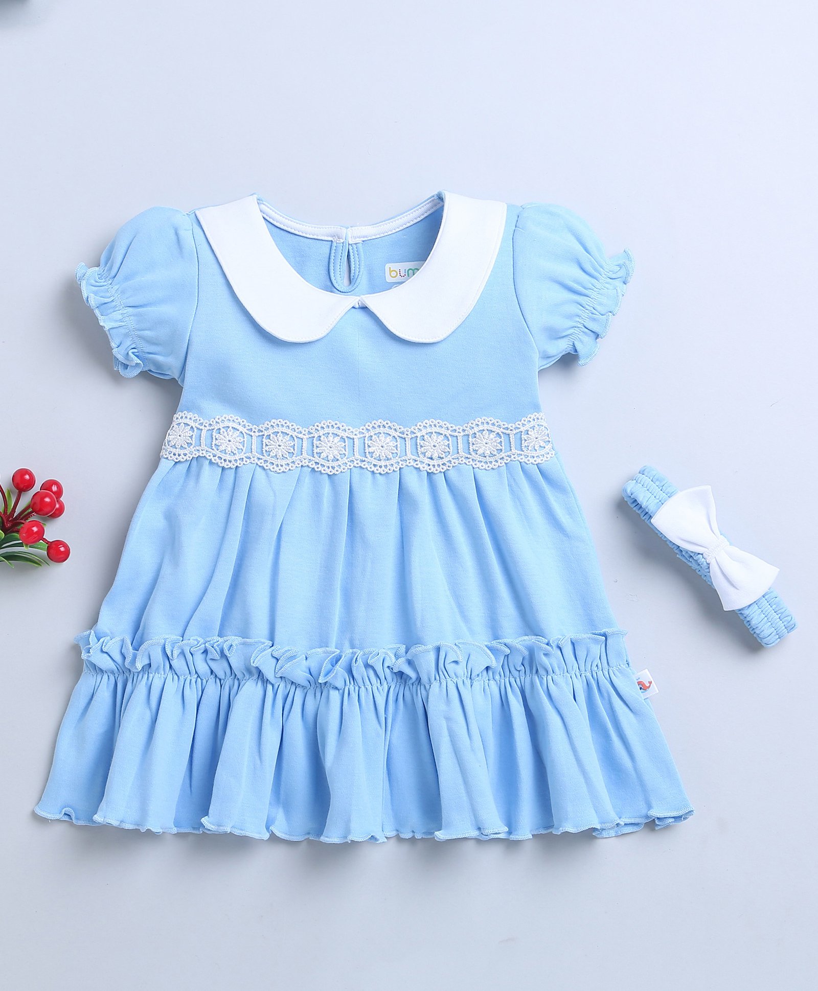 BUMZEE Interlock Knit Half Puffed Sleeves Schiffli Lace Detailed & Peter Pan Collared Dress with Headband - Sky Blue-picture-14