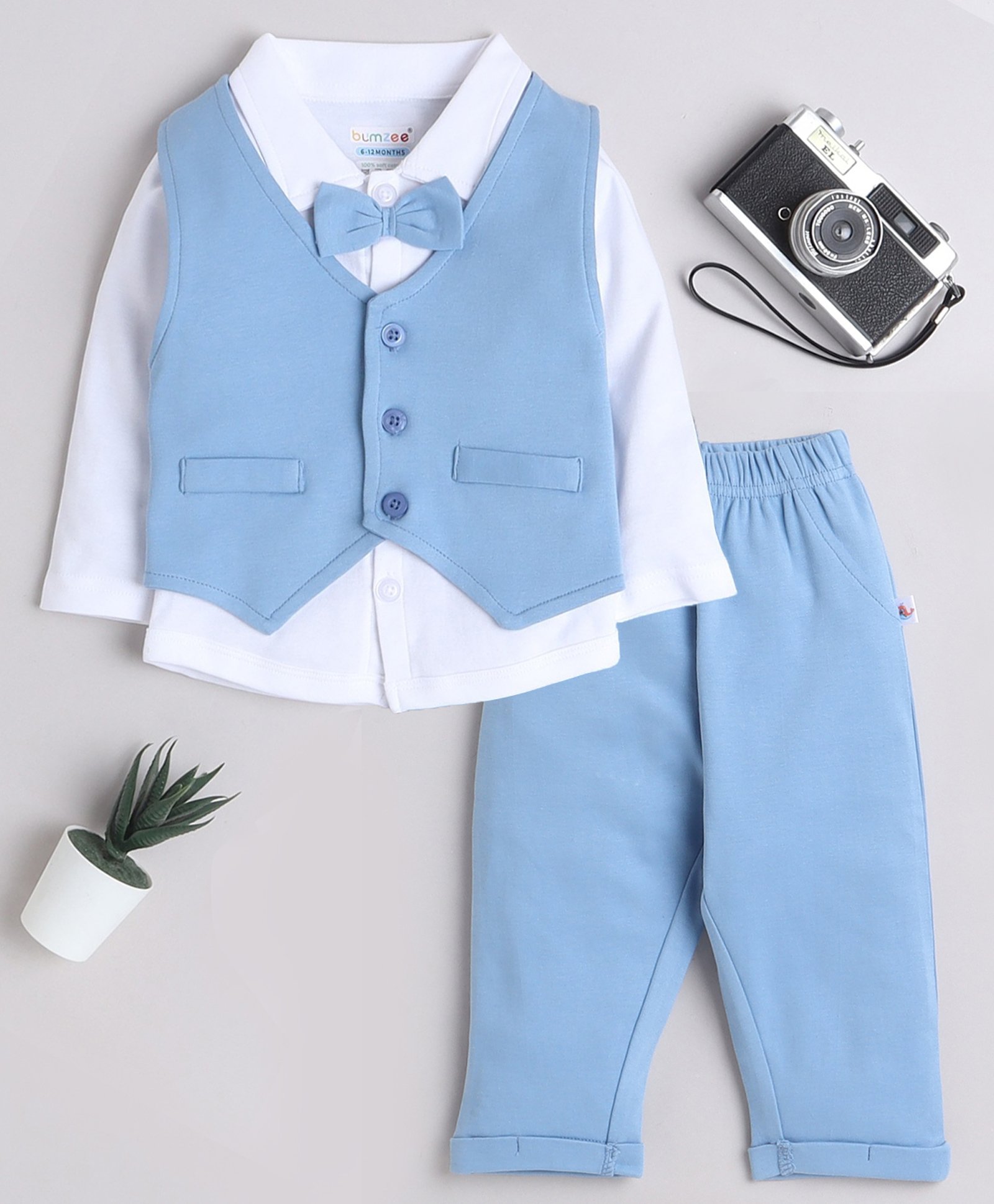 BUMZEE Cotton Knit Full Sleeves Solid Color 3 Piece Party Suit with Bow - Light Blue & White-image-47
