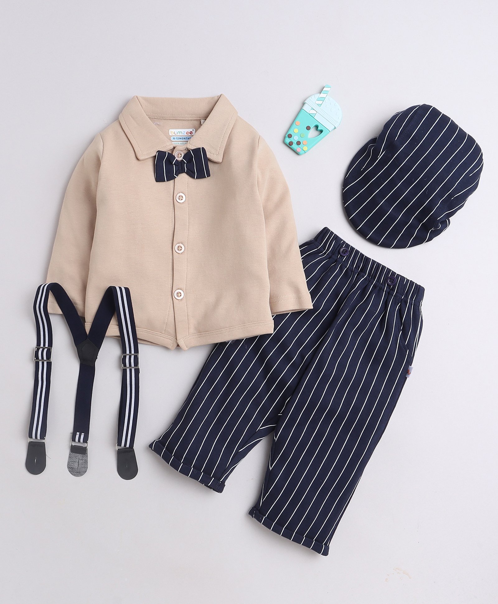 BUMZEE Cotton Woven Full Sleeves Shirt & Striped Trouser Set with Bow Suspender & Hat - Navy Blue & Beige-image-20