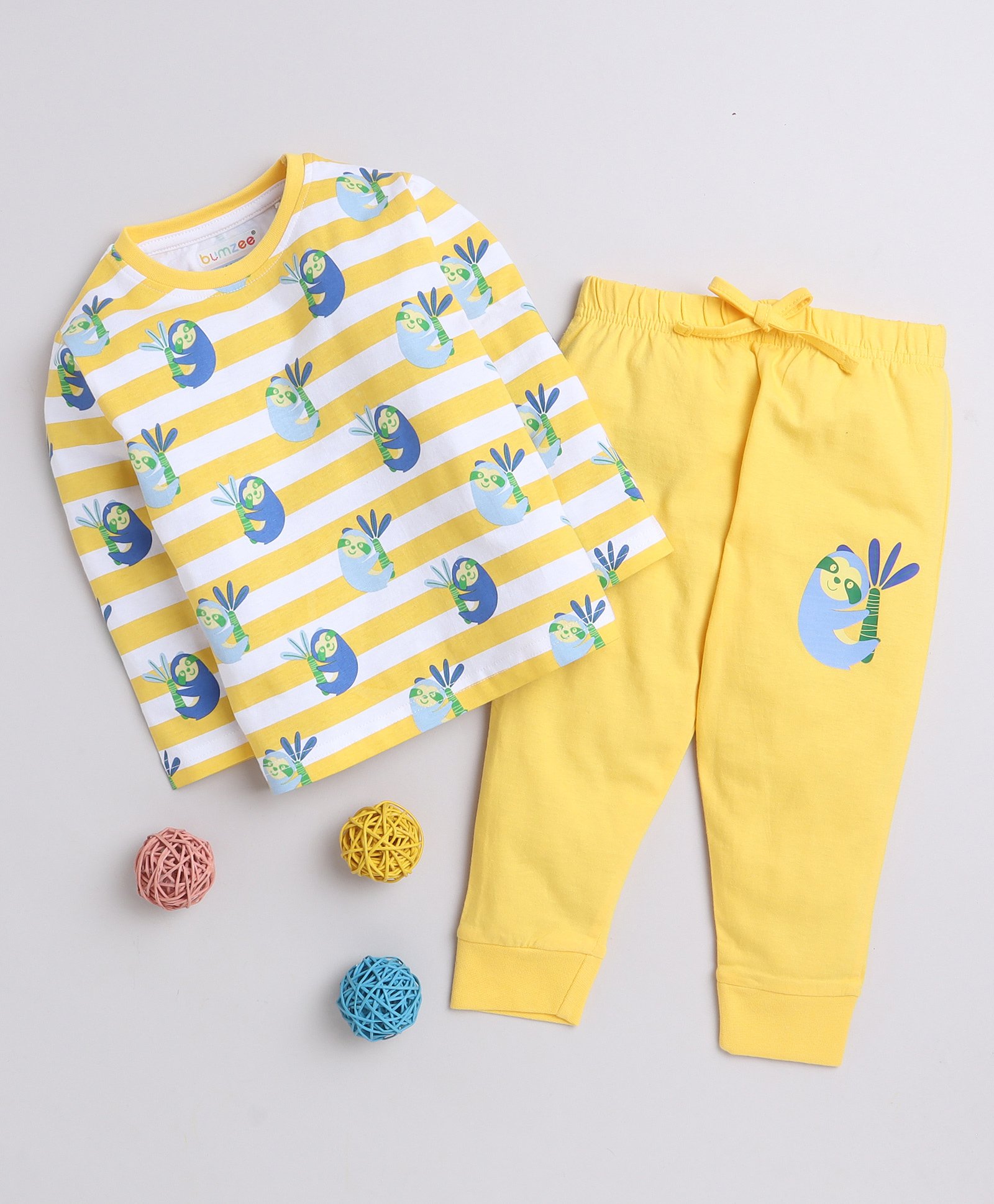 BUMZEE Cotton Knit Full Sleeves Animal Printed & Striped Night Suit - Yellow-image-34