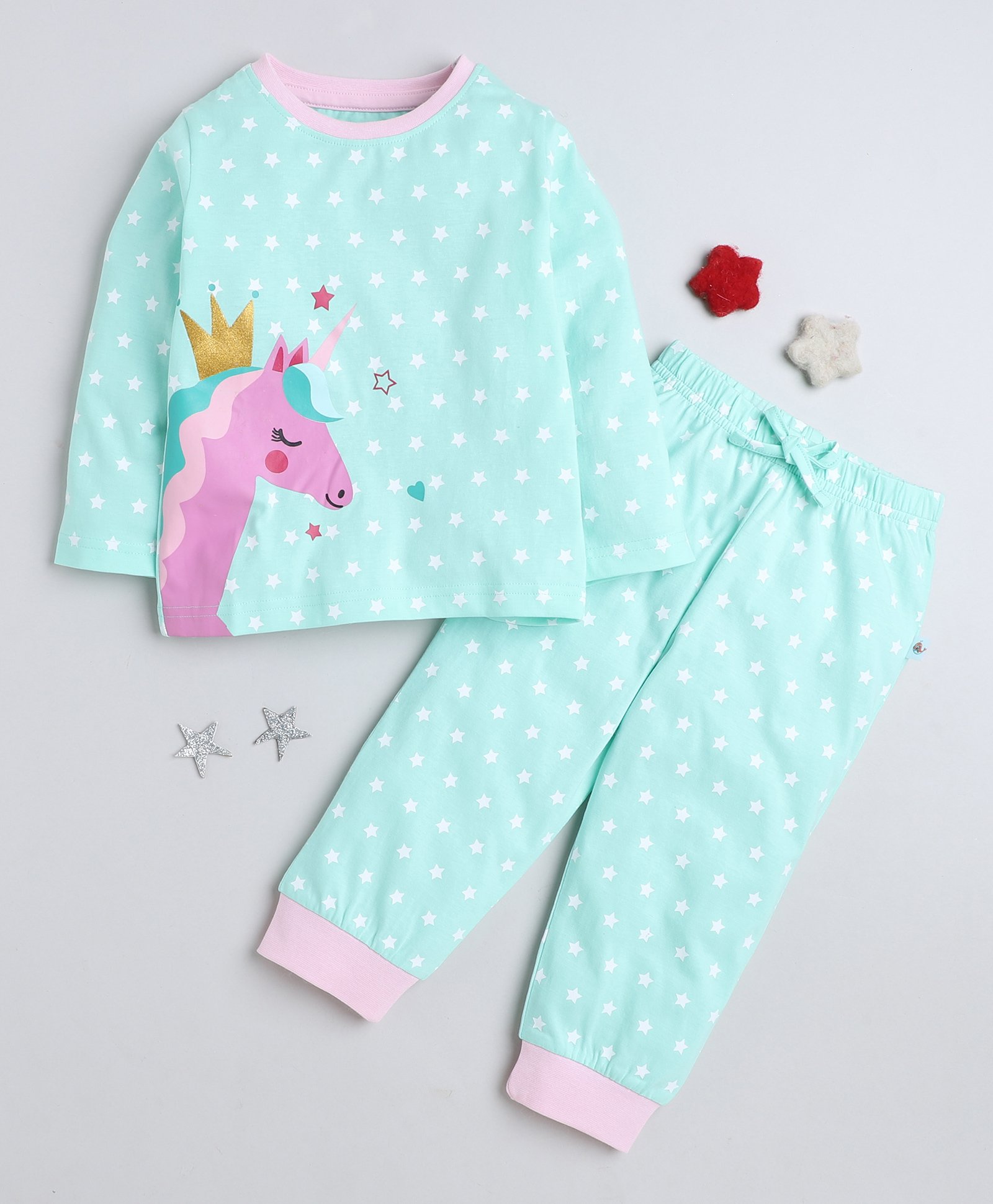 BUMZEE Cotton Knit Full Sleeves Night Suit With Unicorn & Star Print - Mint Green-image-14