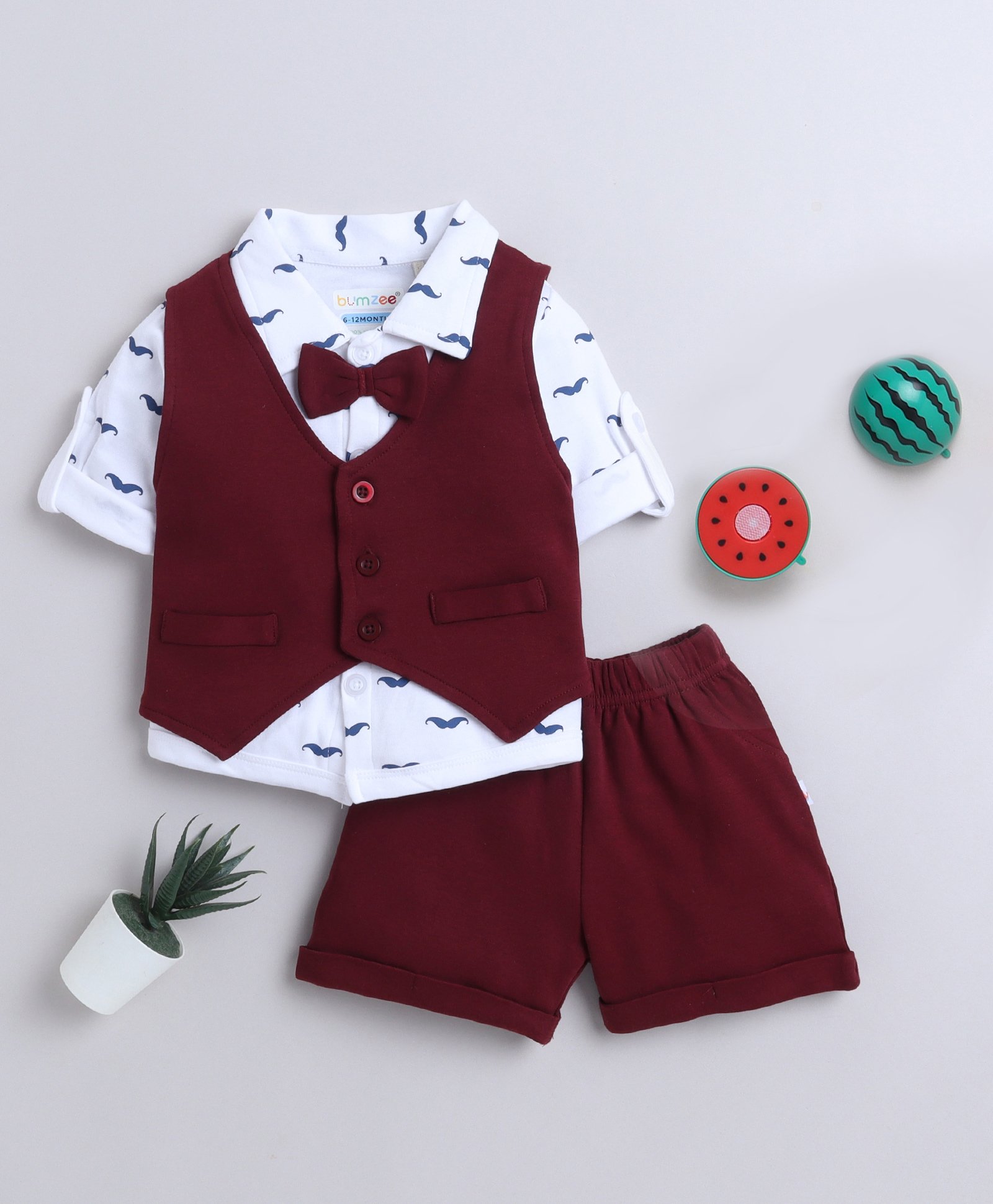BUMZEE Cotton Woven Full Sleeves Moustache Printed 3 Piece Party Suit with Bow - Maroon & White-picture-28