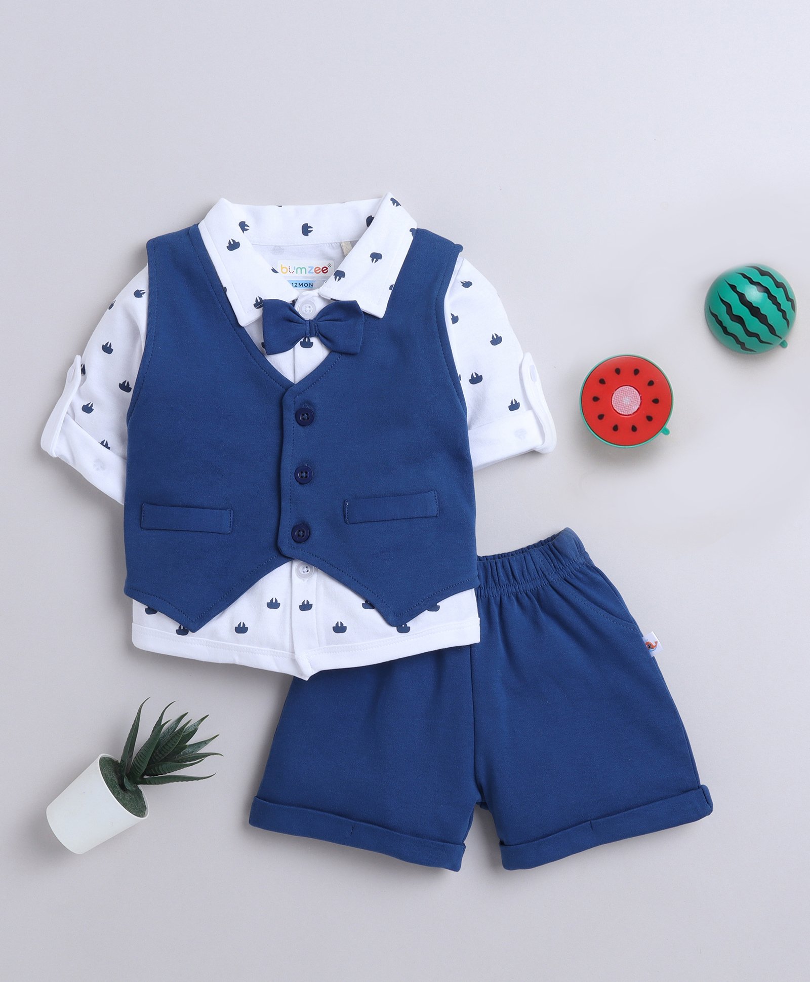 BUMZEE Interlock Knit Full Sleeves 3 Piece Boat Print Party Suit With Attached Bow - Navy Blue & White-picture-22