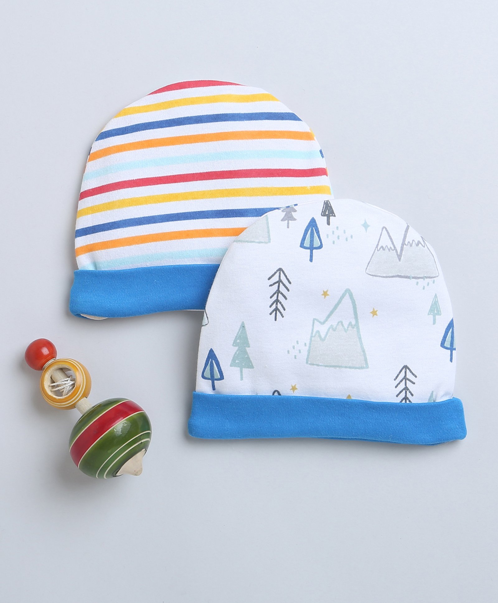 BUMZEE Cotton Woven Caps with Striped & Tree Print Blue & White Pack Of 2- Diameter 11 cm-image-29