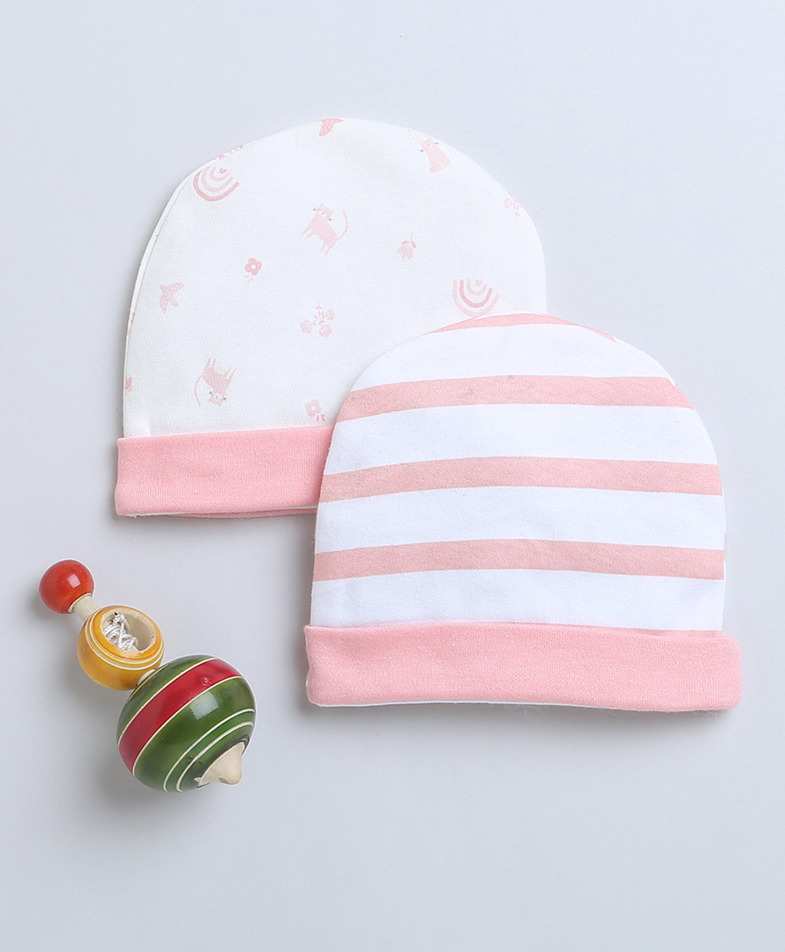 BUMZEE Cotton Woven Caps with Striped & Animal Print Pack Of 2 Peach & White - Diameter 11 cm-picture-18