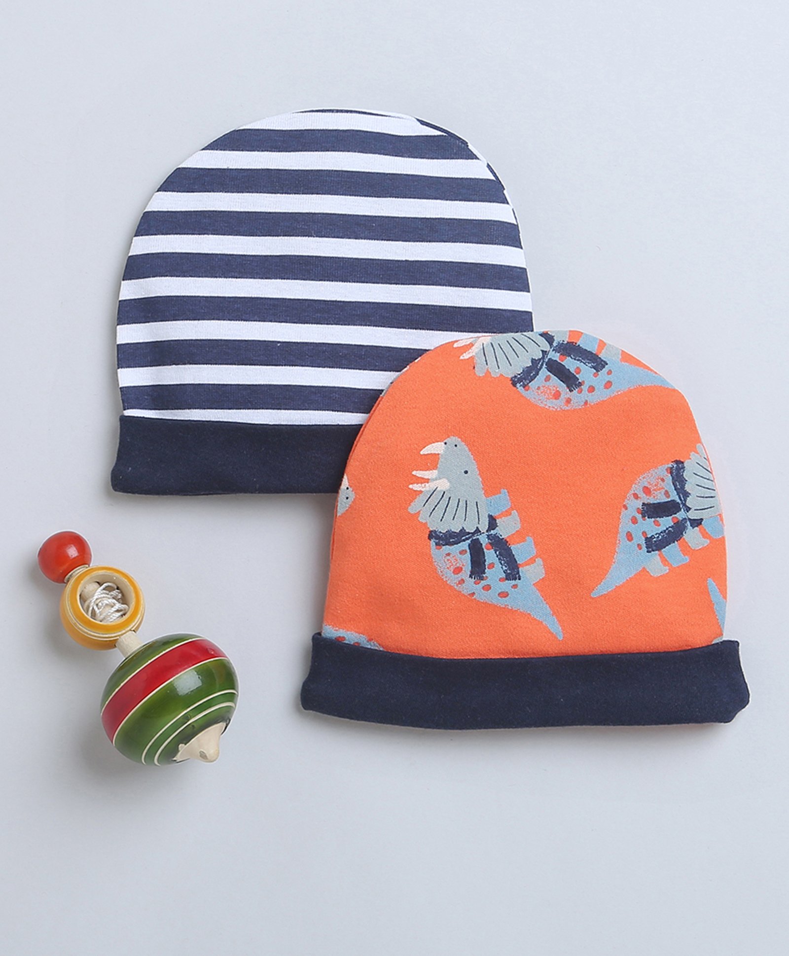 Bumzee Cotton Woven Caps with Stripe Design & Dino Print Pack of 2 Navy Blue & Orange - Diameter - 10.5 cm-image-12