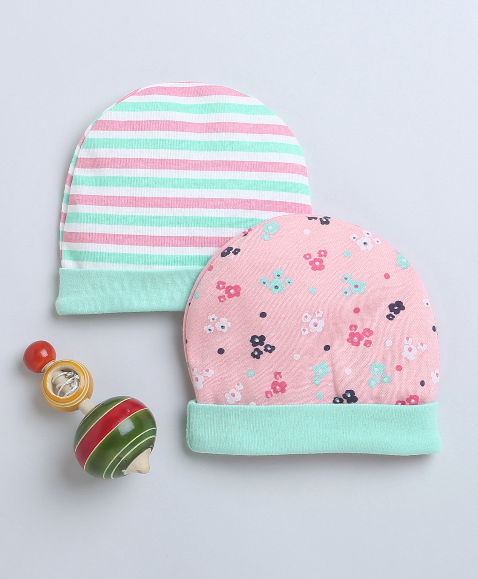 BUMZEE Cotton Woven Caps with Striped & Floral Print Pack Of 2 Light Green & Pink - Diameter 11 cm-picture-41