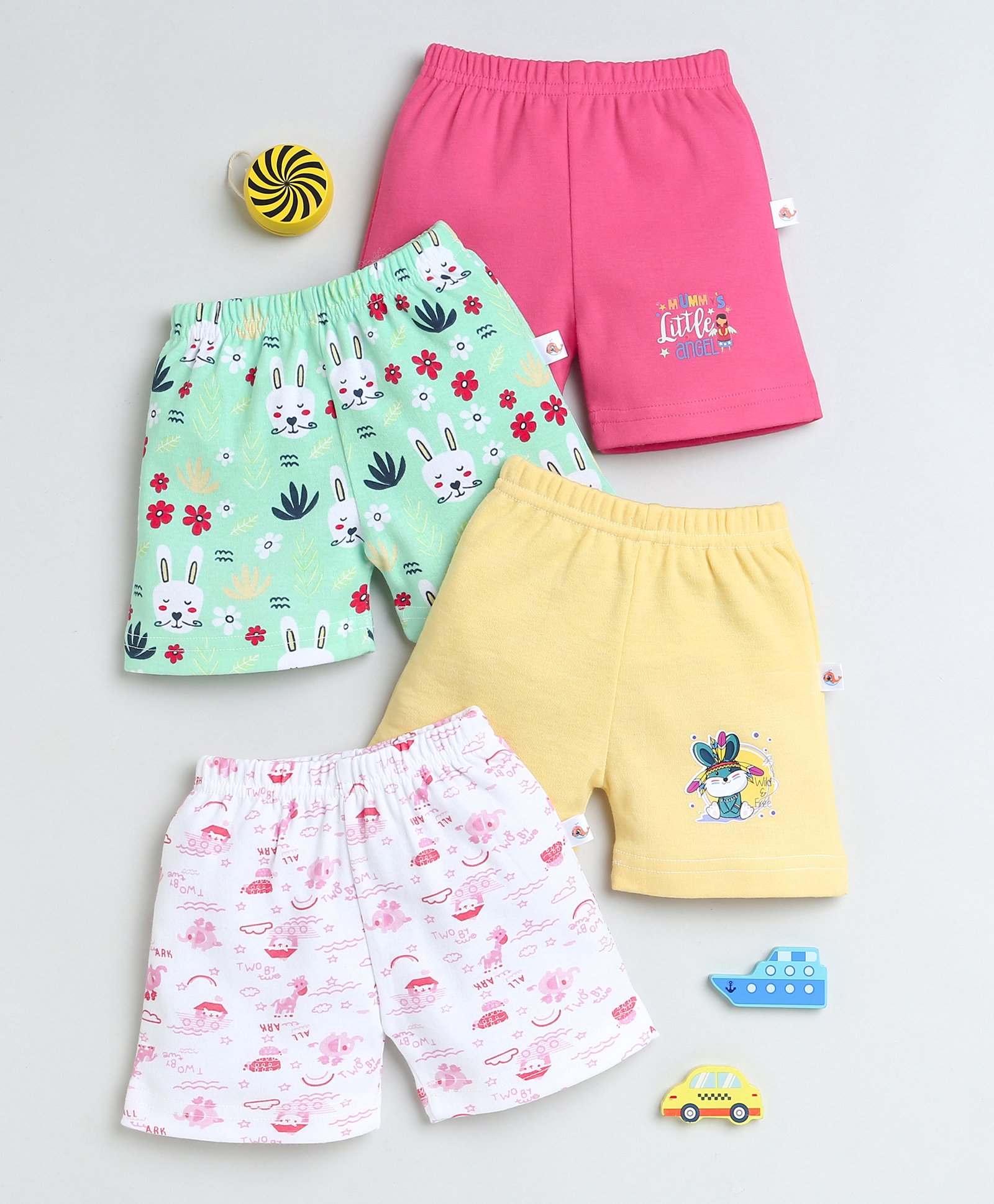 Bumzee Interlock Knit Above Knee Length Shorts with Floral & Animal Print Pack Of 4 - Multicolor-picture-19