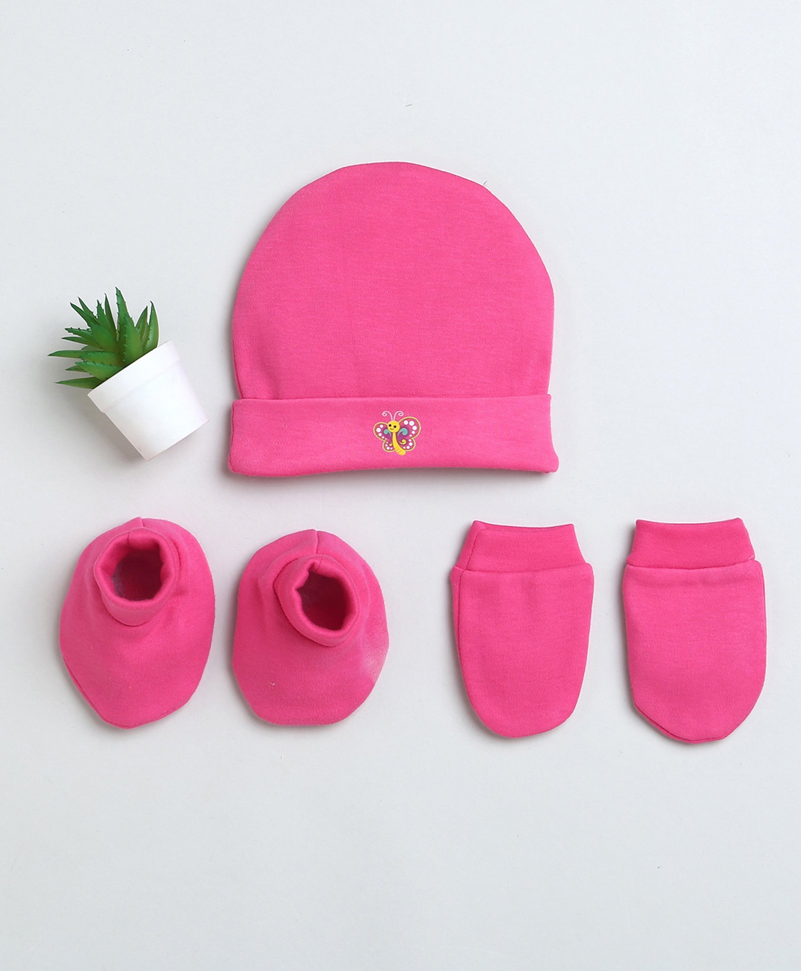BUMZEE Interlock Knit Cap Mittens & Booties Set with Butterfly Print Dark Pink - Diameter 11.5 cm-image-10