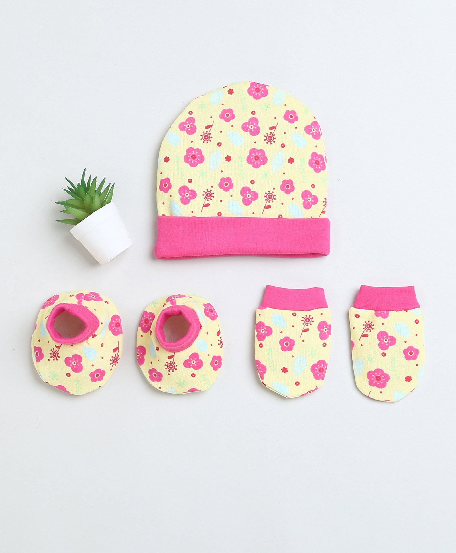 BUMZEE Interlock Knit Cap Mittens & Booties Set with Floral Print Pink & Yellow - Diameter 11.5 cm-image-29