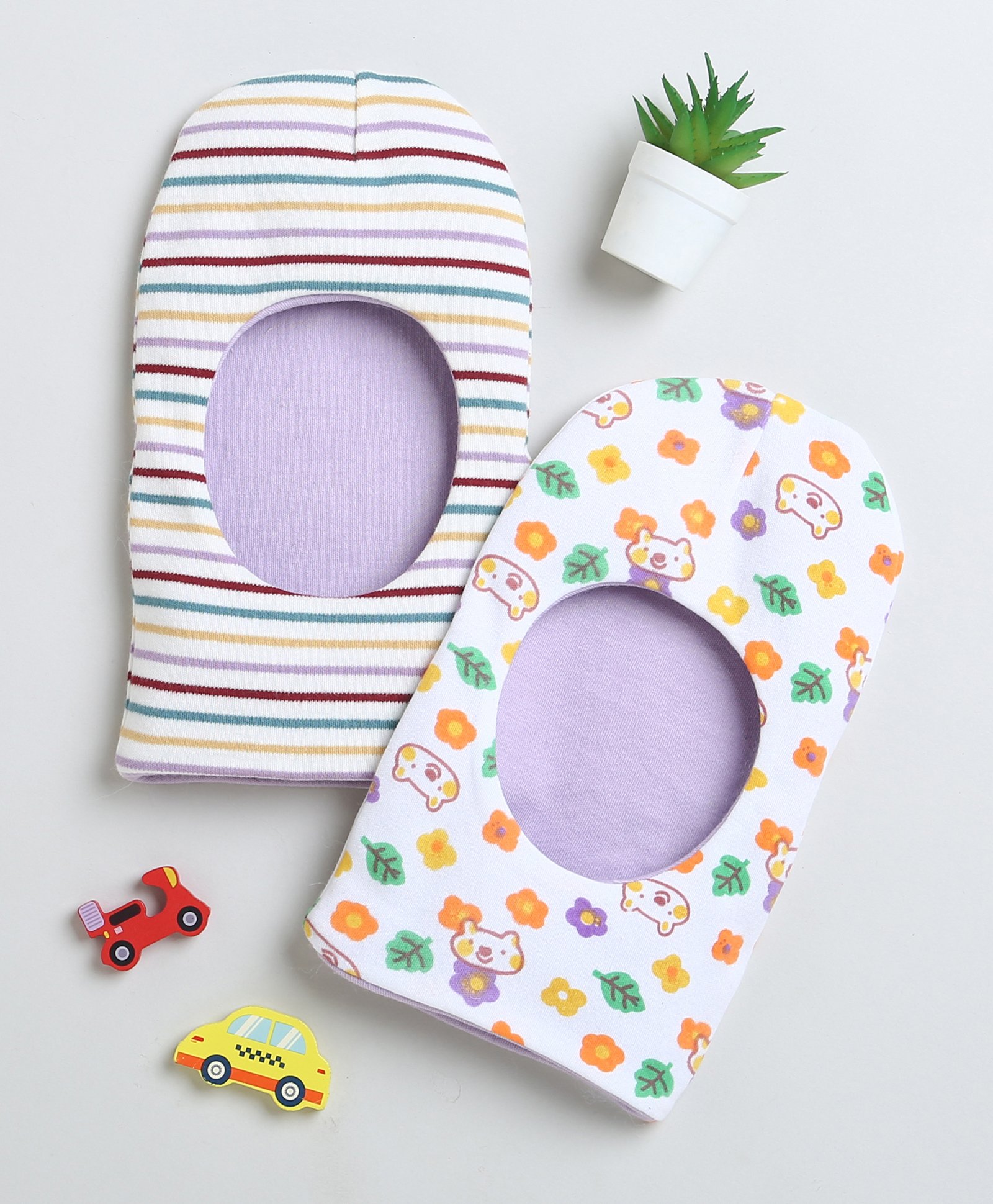 BUMZEE Interlock Knit Monkey Cap with Stripes & Animal Print White & Lavender Pack Of 2 - Diameter 23.5 cm-picture-21