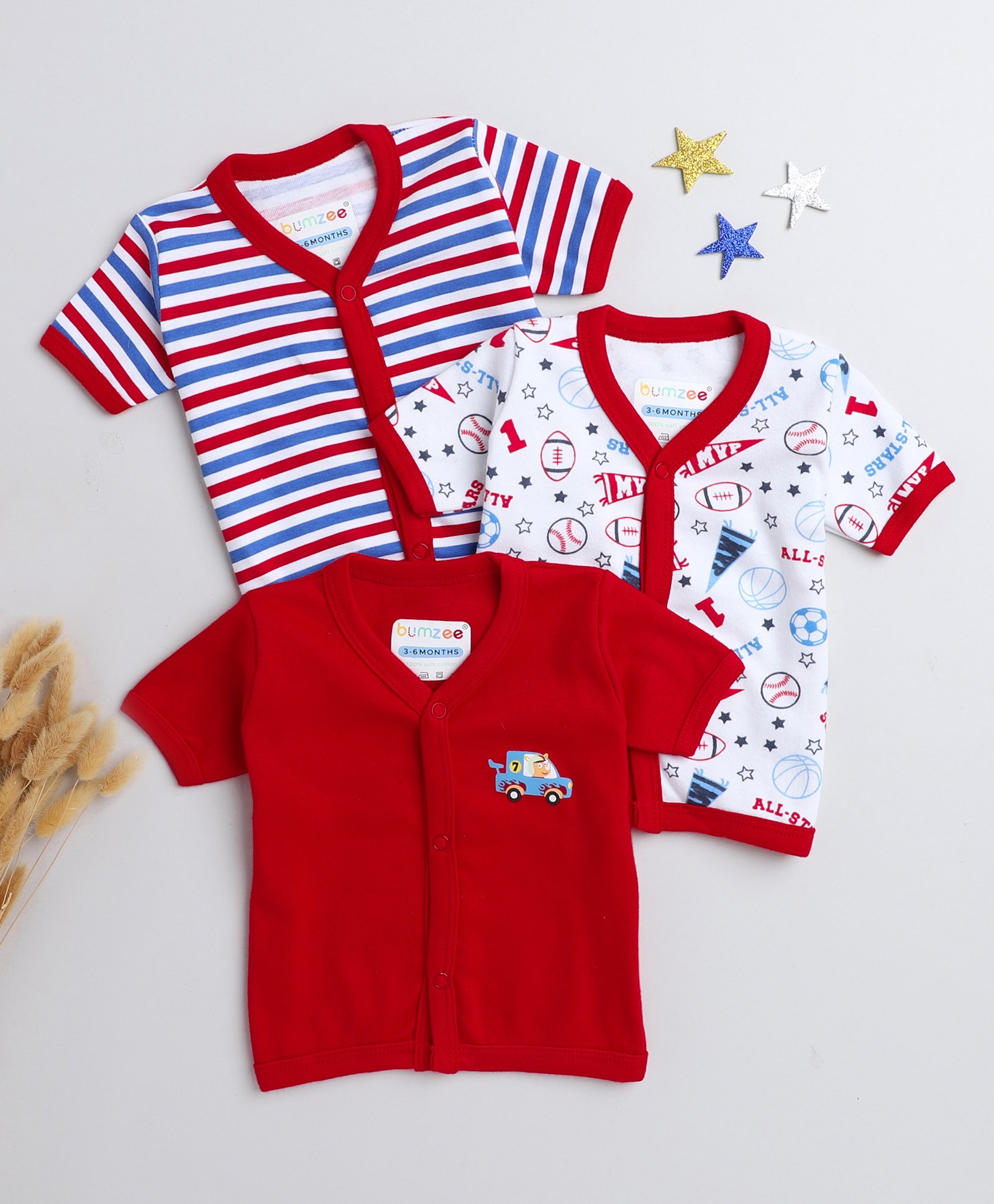 BUMZEE Cotton Knit Half Sleeves Jhablas with Stripes & Football Print Pack of 3 - White & Red-picture-9