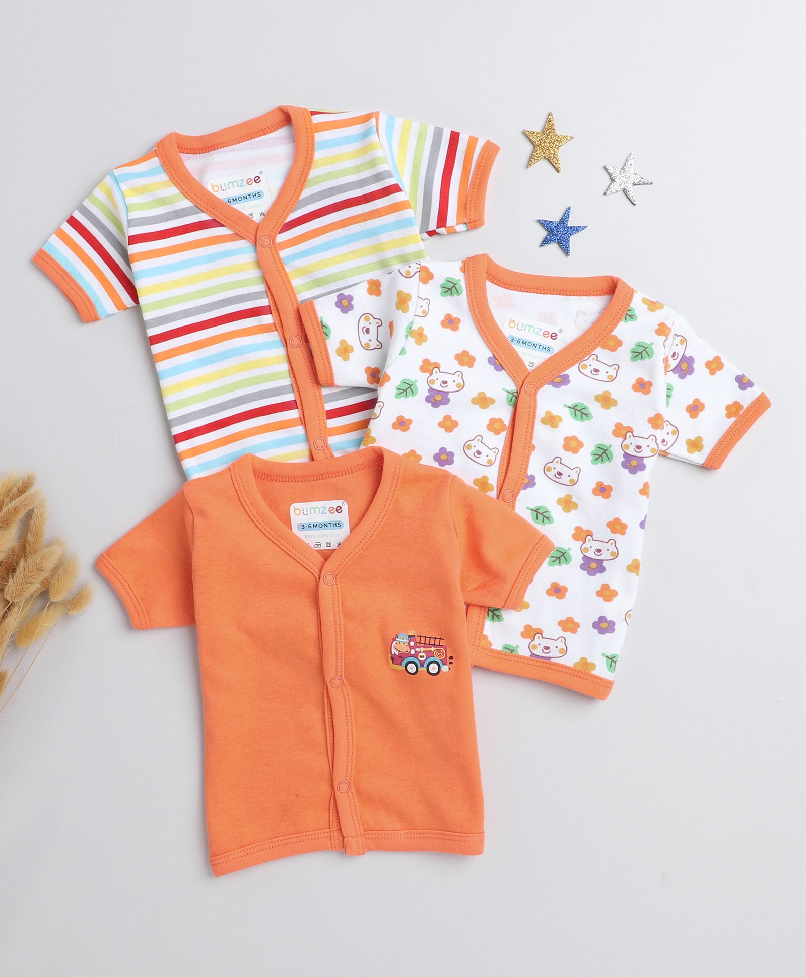 BUMZEE Cotton Knit Half Sleeves Jhablas with Stripes & Floral Print Pack of 3 - White & Orange-picture-26