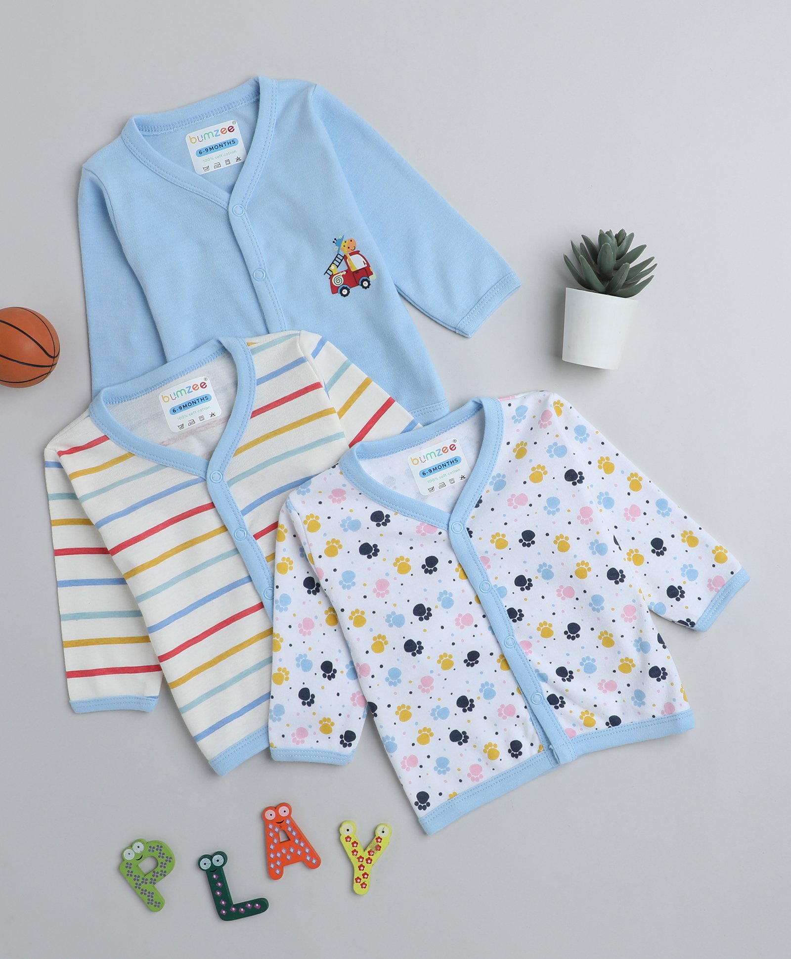 BUMZEE Interlock Cotton Knit Full Sleeves Jhablas with Stripes & Dog Paw Print Pack of 3 - White & Blue-picture-34