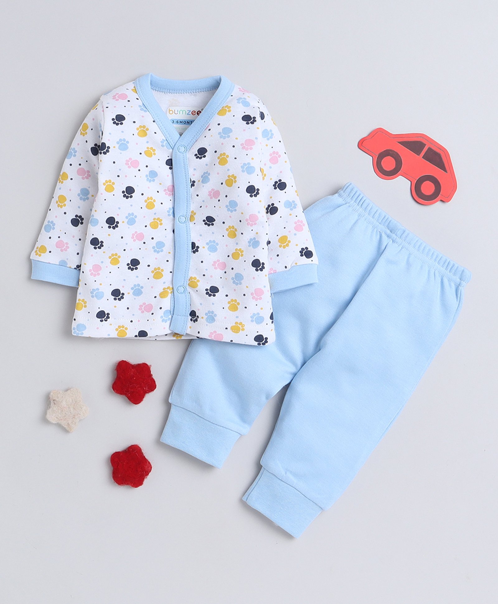 BUMZEE Interlock Knit Full Sleeves Front Open Night Suit Paw Print - Light Blue & White-picture-18