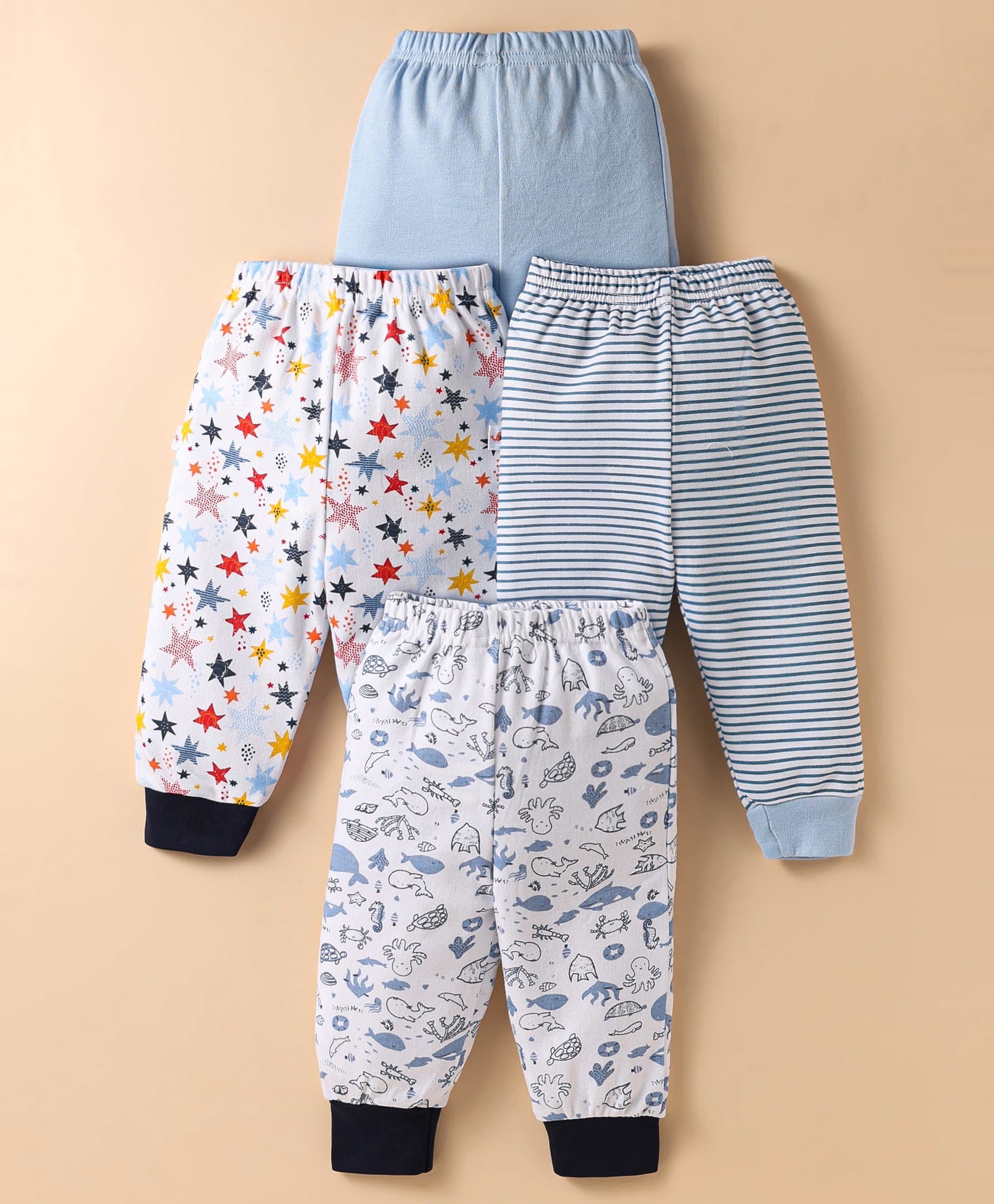 BUMZEE Interlock Knit Full Length Solid Striped & Sea Animals Printed Pajamas Pack of 4 - Light Blue & White-picture-30