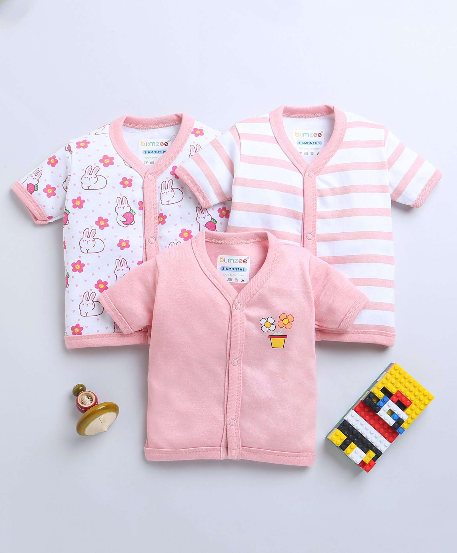 BUMZEE Cotton Woven Half SleevesJhablas with Stripes & Bunny Print Pack of 3 - White & Peach-image-41