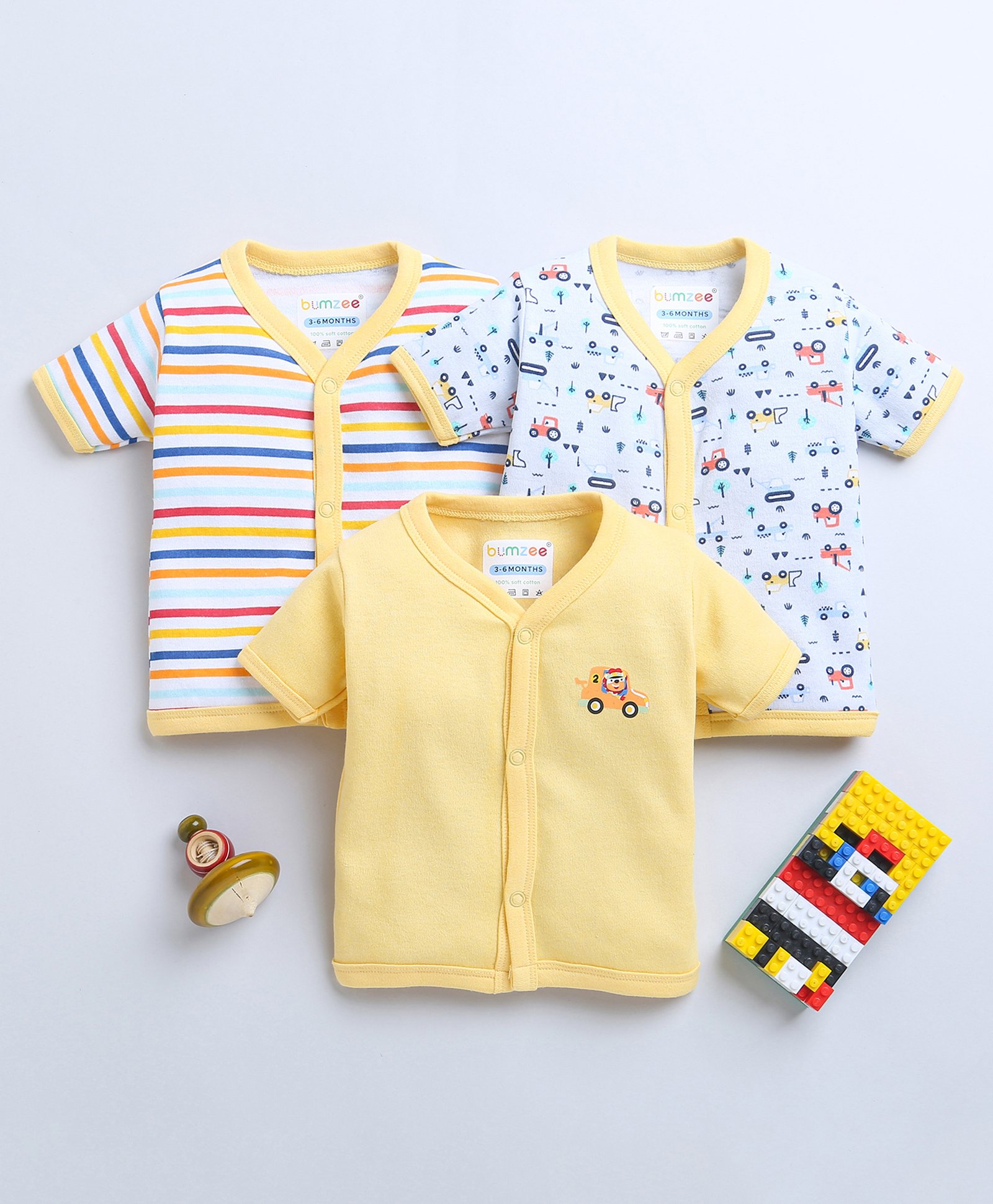 BUMZEE Cotton Woven Half SleevesJhablas with Stripes & Vehicles Print Pack of 3 - Sky Blue & Yellow-picture-36