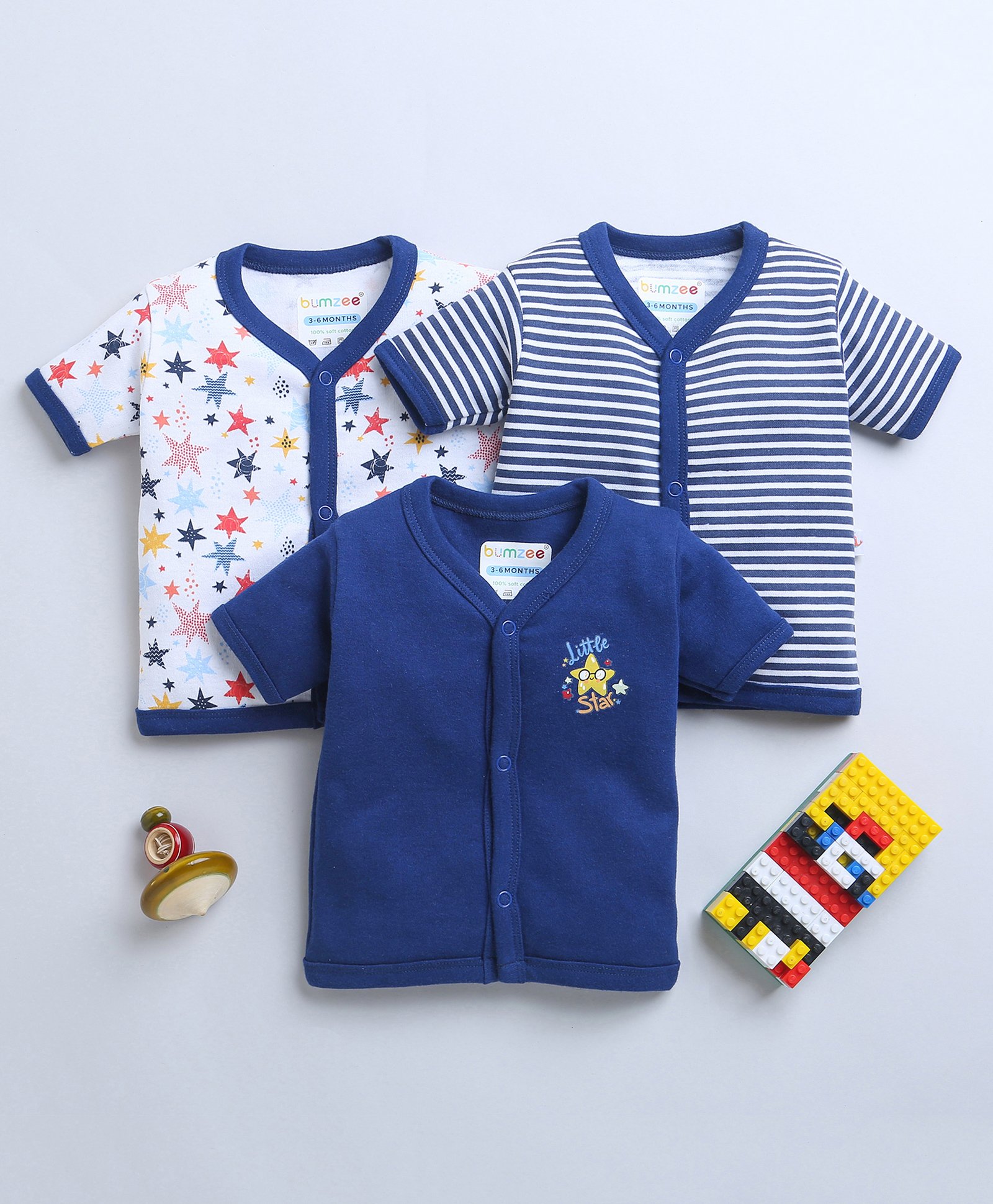 BUMZEE Cotton Woven Half SleevesJhablas with Stripes & Star Print Pack of 3 - Navy Blue & White-image-5