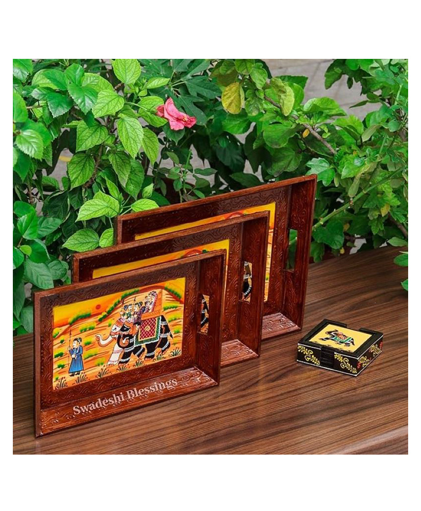 SWADESHI BLESSINGS Wooden Serving Tray Set Hand-Painted For Kitchen/Table & Home Décor (Set of 3) Brown Tray set-image-3