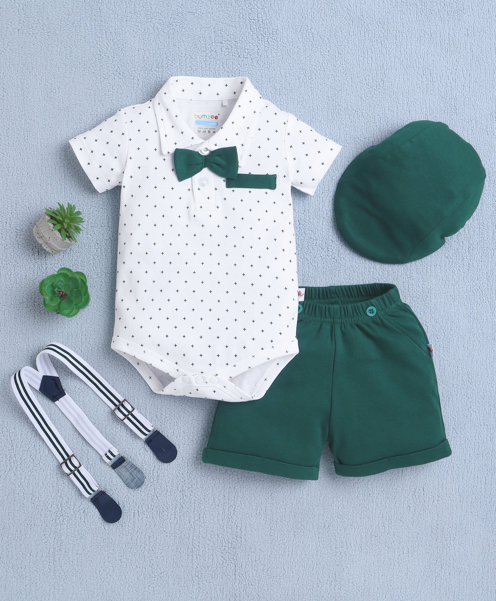 BUMZEE Cotton Half Sleeves Stars Printed Onesie Shorts With Suspender Cap & Bow Set - White & Bottle Green-picture-28