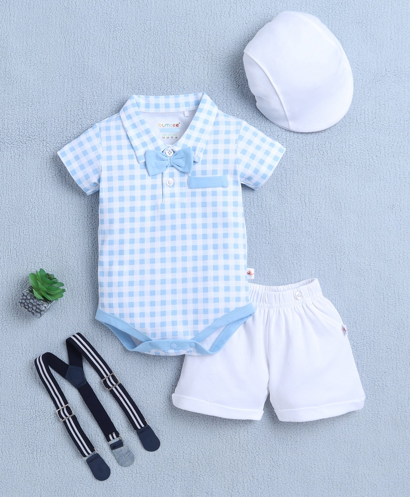 BUMZEE Cotton Half Sleeves Checked Onesie Shorts With Suspender Cap & Bow Set - Blue & White-image-44