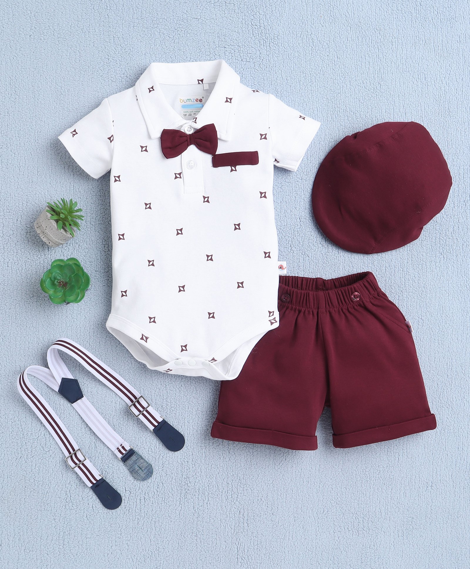 BUMZEE Cotton Half Sleeves Abstract Printed Onesie Shorts With Suspender Cap & Bow Set - White & Maroon-image-21