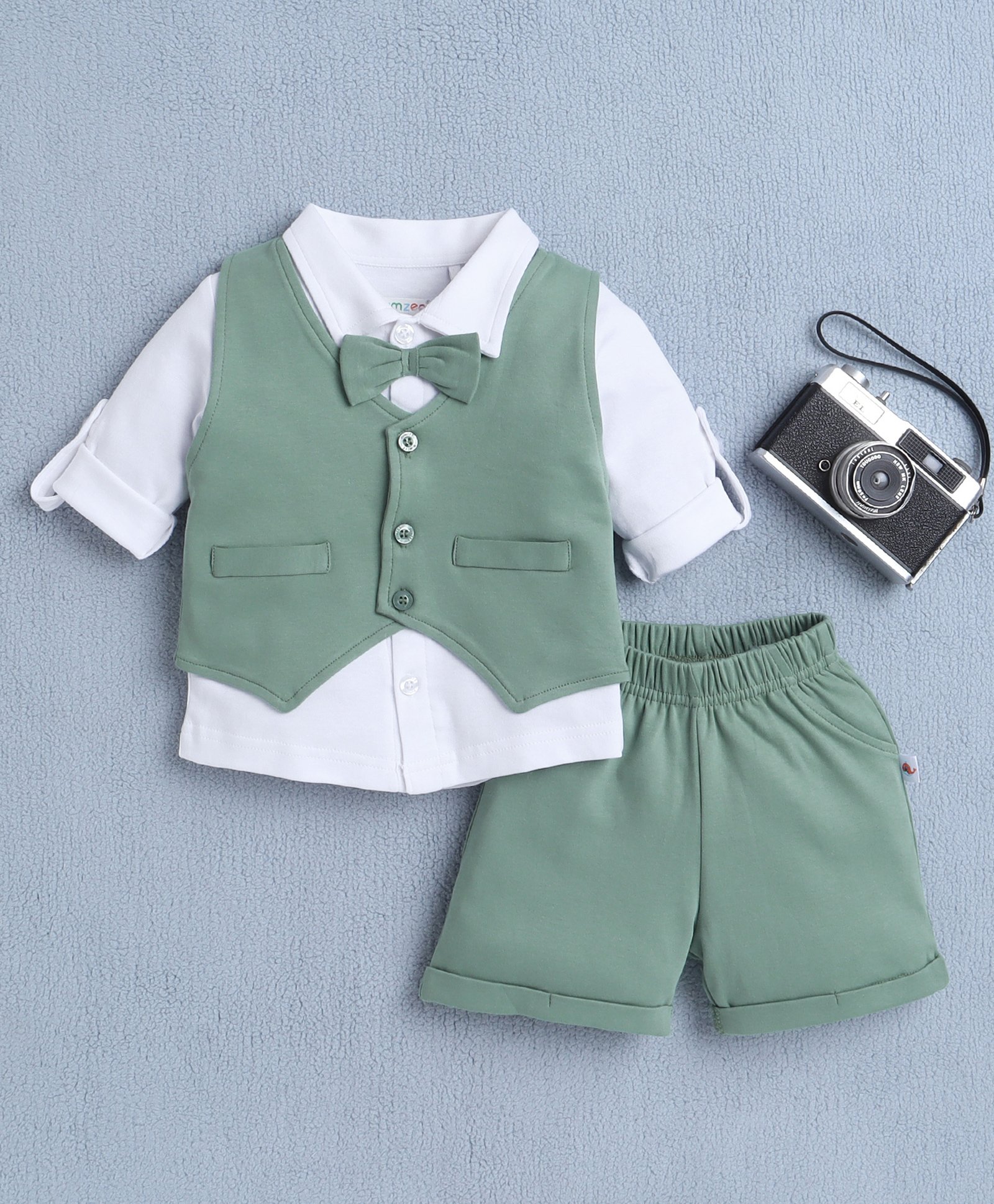 BUMZEE Cotton Full Sleeves Bow Applique Detailed 3 Piece Party Suit Set - White & Green-picture-17