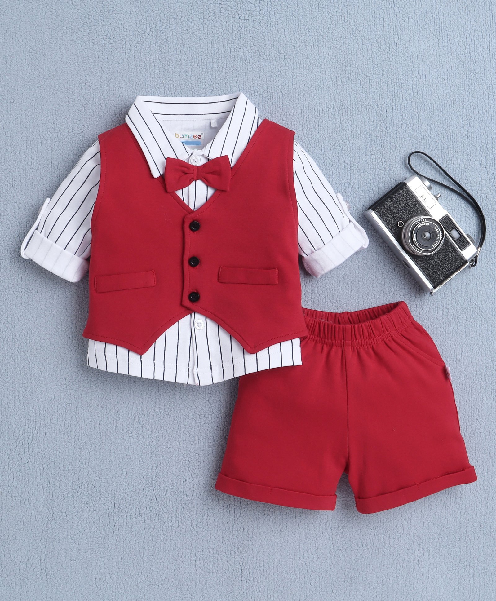 BUMZEE Cotton Full Sleeves Striped Bow Applique Detailed 3 Piece Party Suit Set - White & Red-picture-32