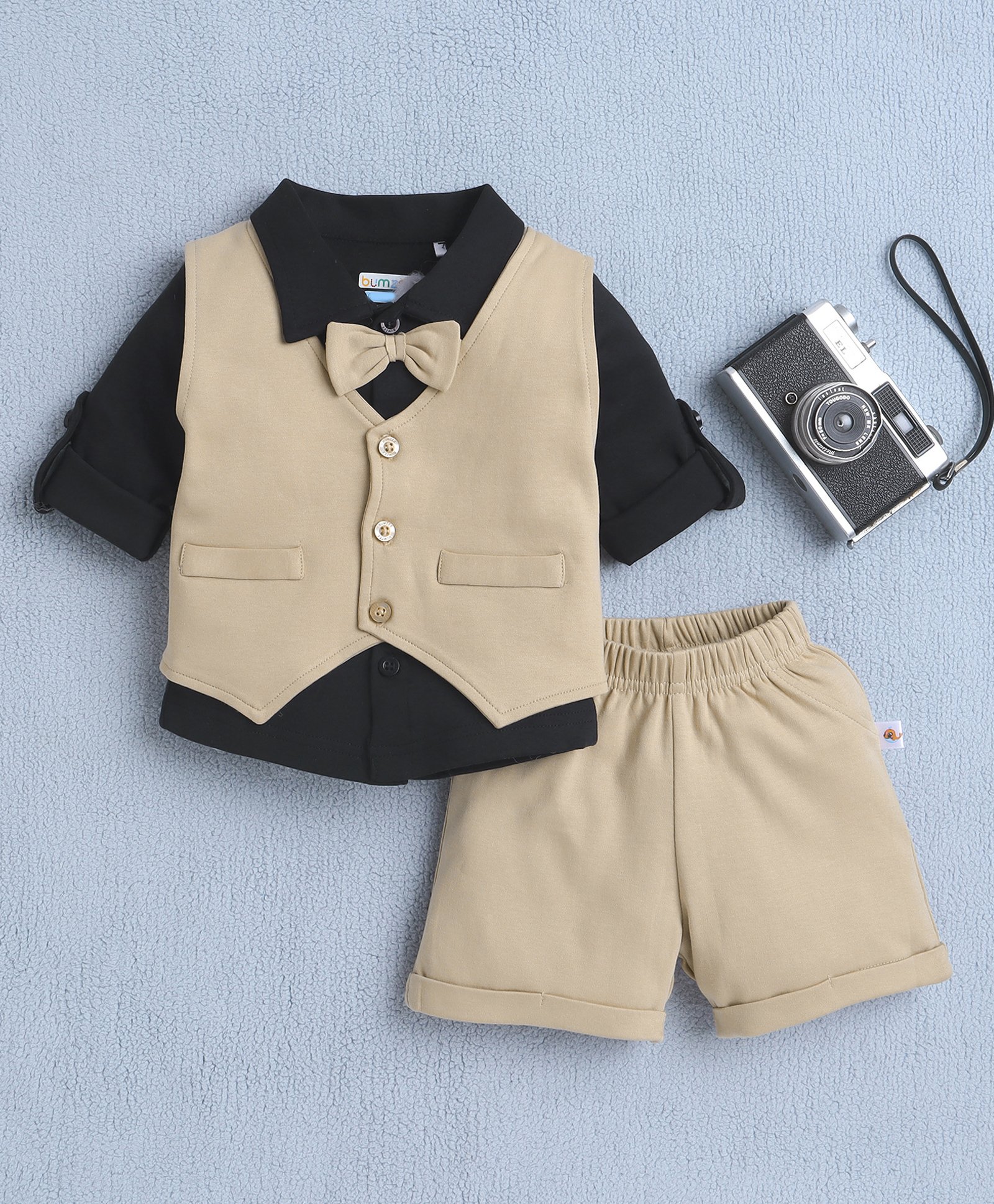 BUMZEE Cotton Full Sleeves Bow Applique Detailed 3 Piece Party Suit Set - Black & Beige-picture-36
