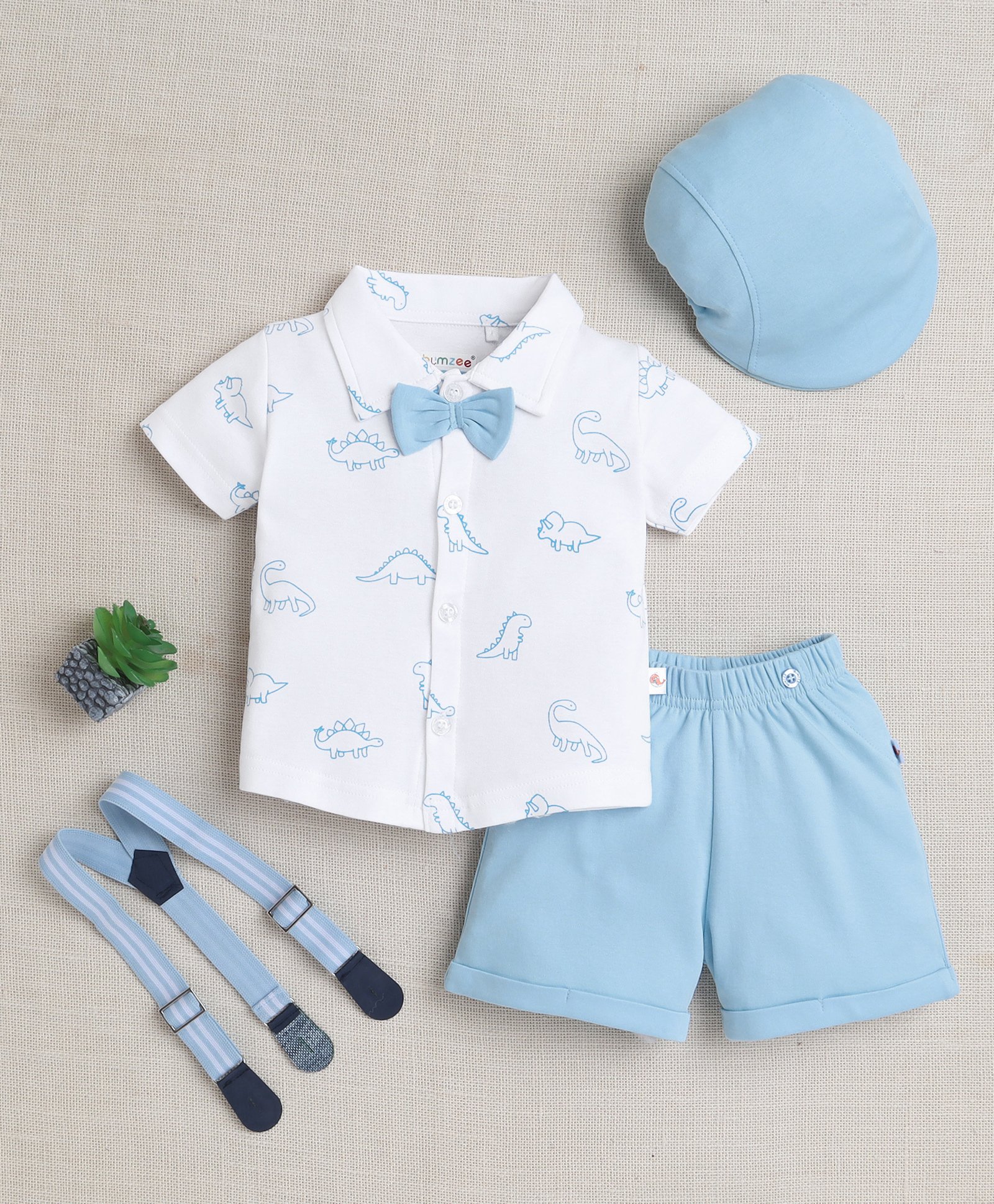 BUMZEE Cotton Half Sleeves Dinosaurs Printed Shirt Shorts With Suspender Bow & Cap Set - White & Sky Blue-image-41